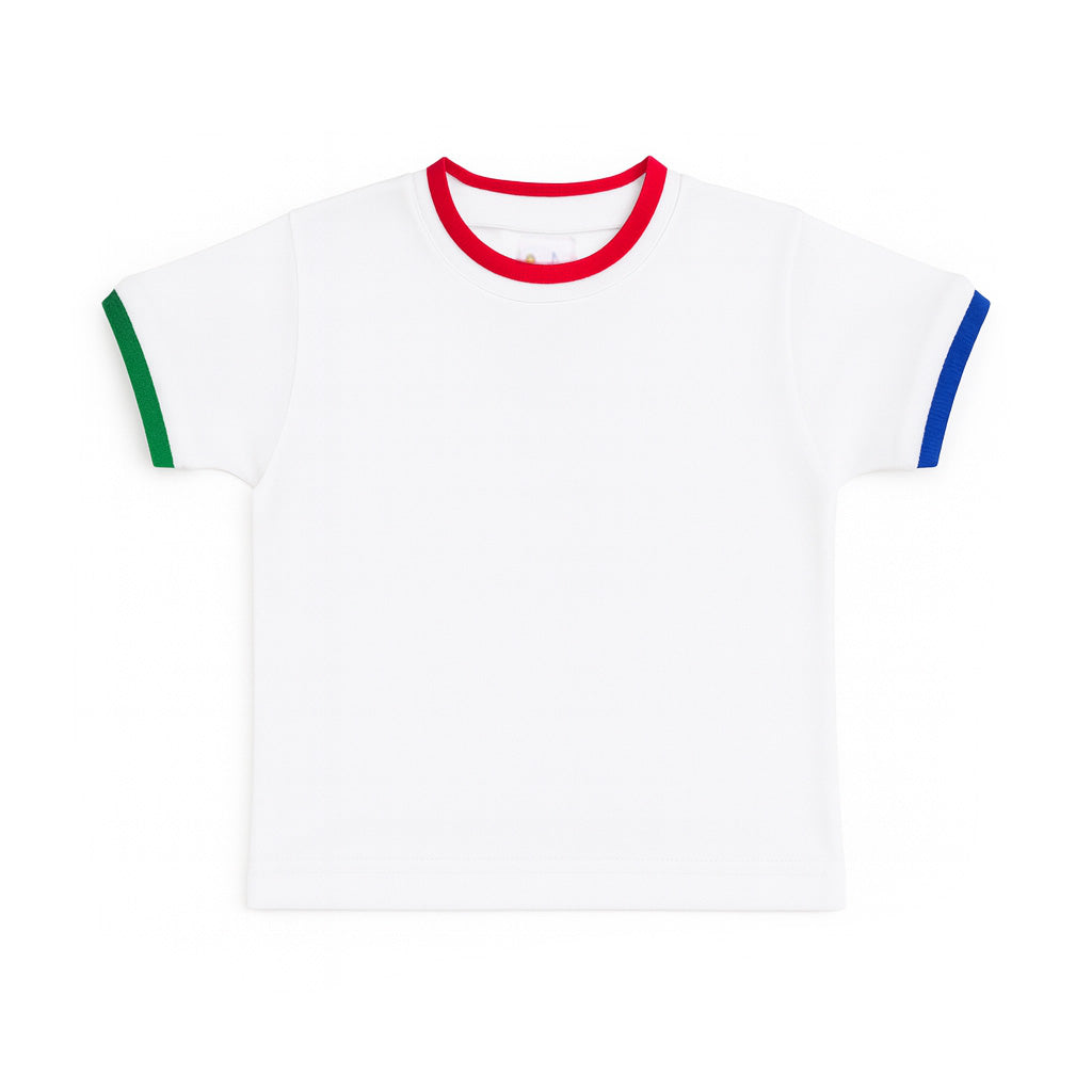 White t-shirt with red neckline and green and blue sleeve tipping on a white background