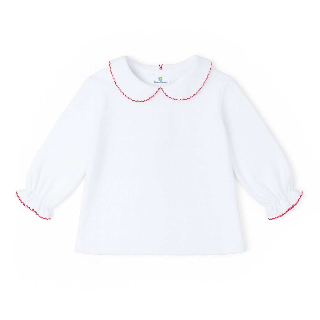 White Knit Blouse with Red Picot Trim