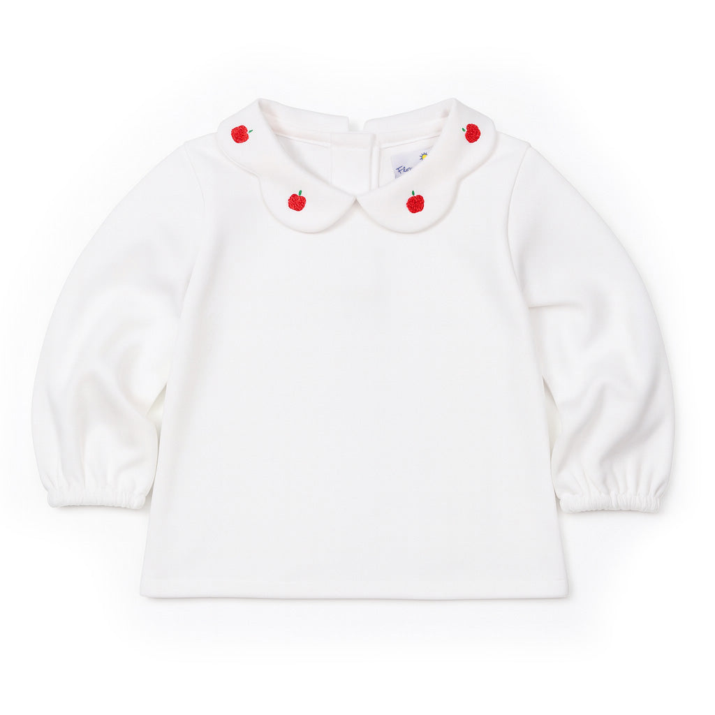 White Knit Blouse With Embroidered Apples