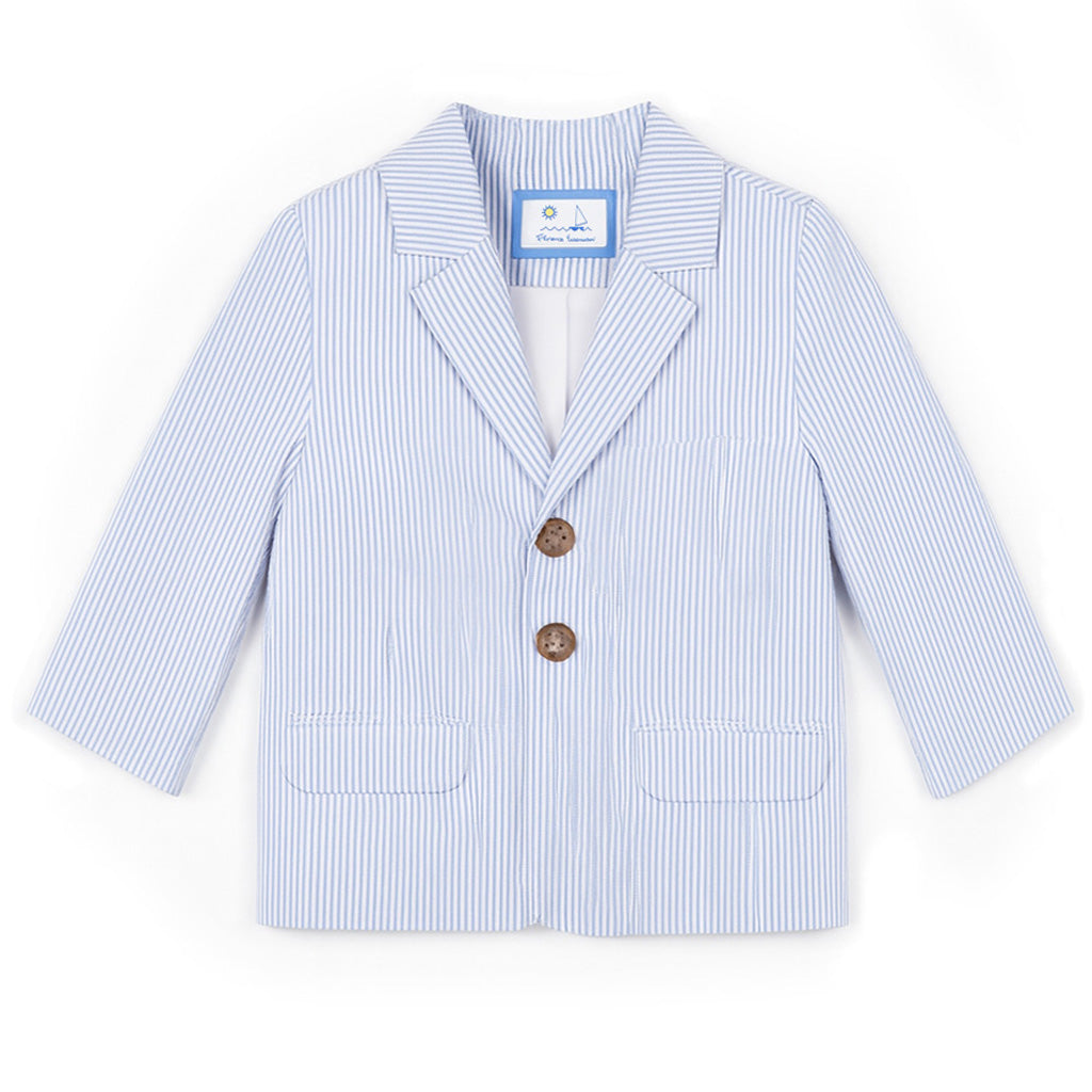 Blue striped blazer with brown buttons on a white background