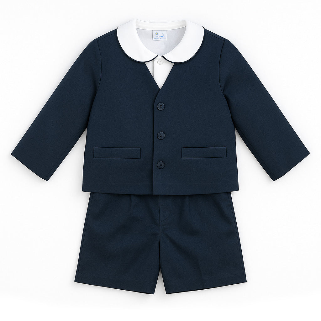 Navy Pique Jacket and Short with Woven Short Sleeve Shirt