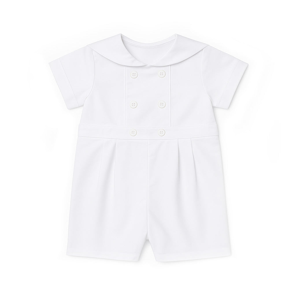 White baby romper with a collar on a white background