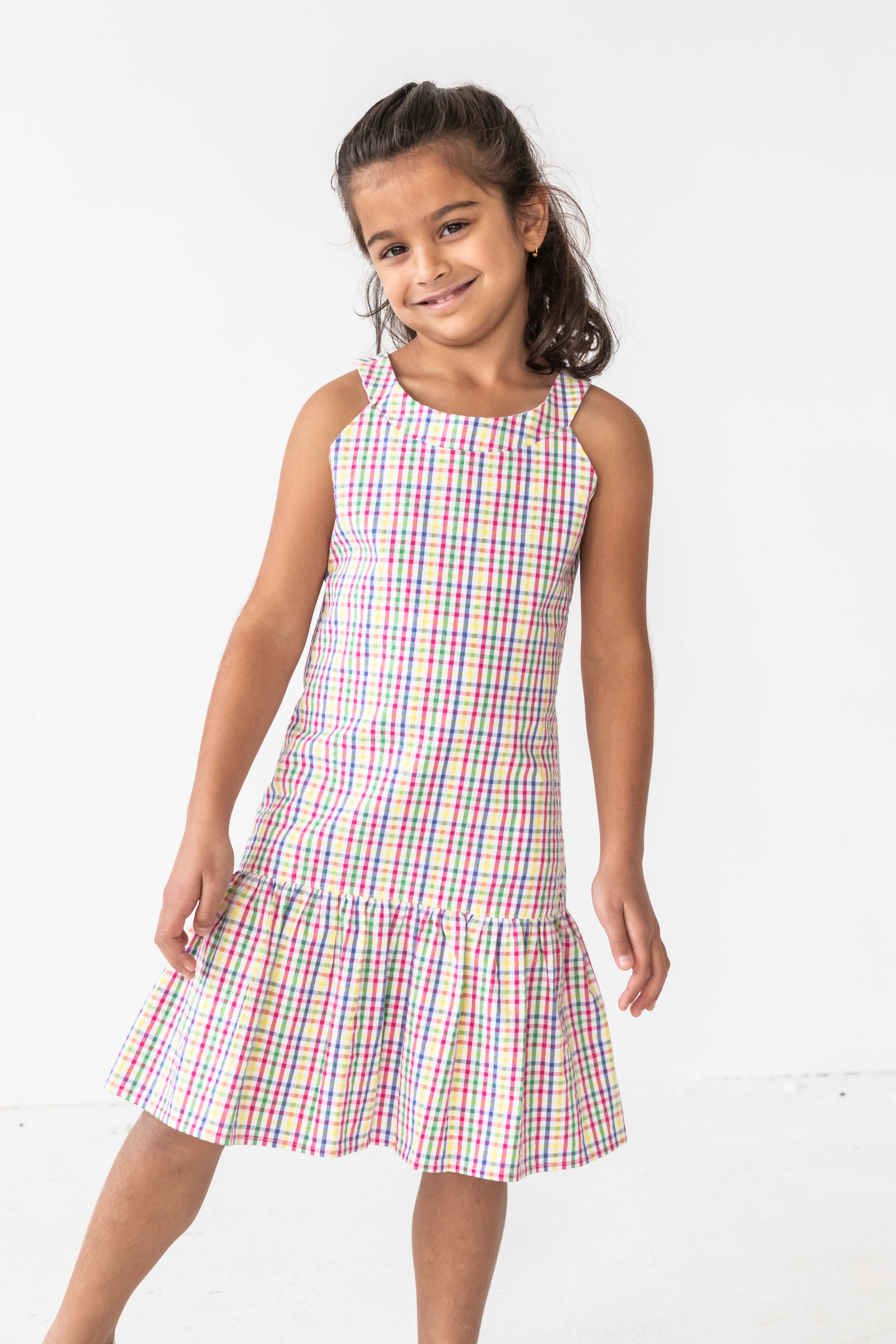 Plaid Seersucker Dress With Hem Ruffle