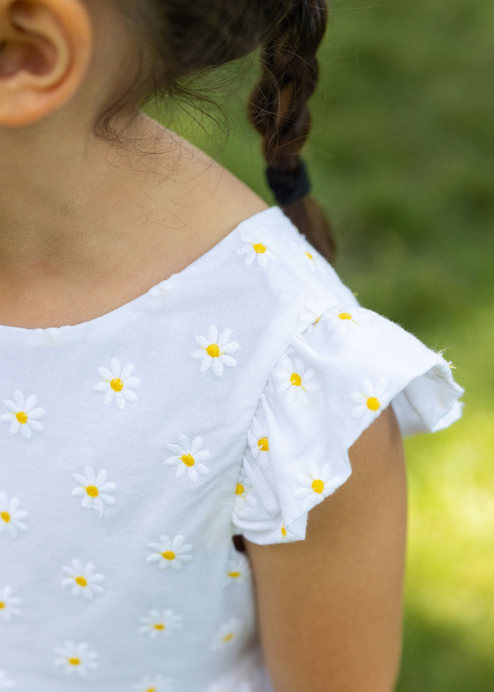 closeup of embroidered daisies