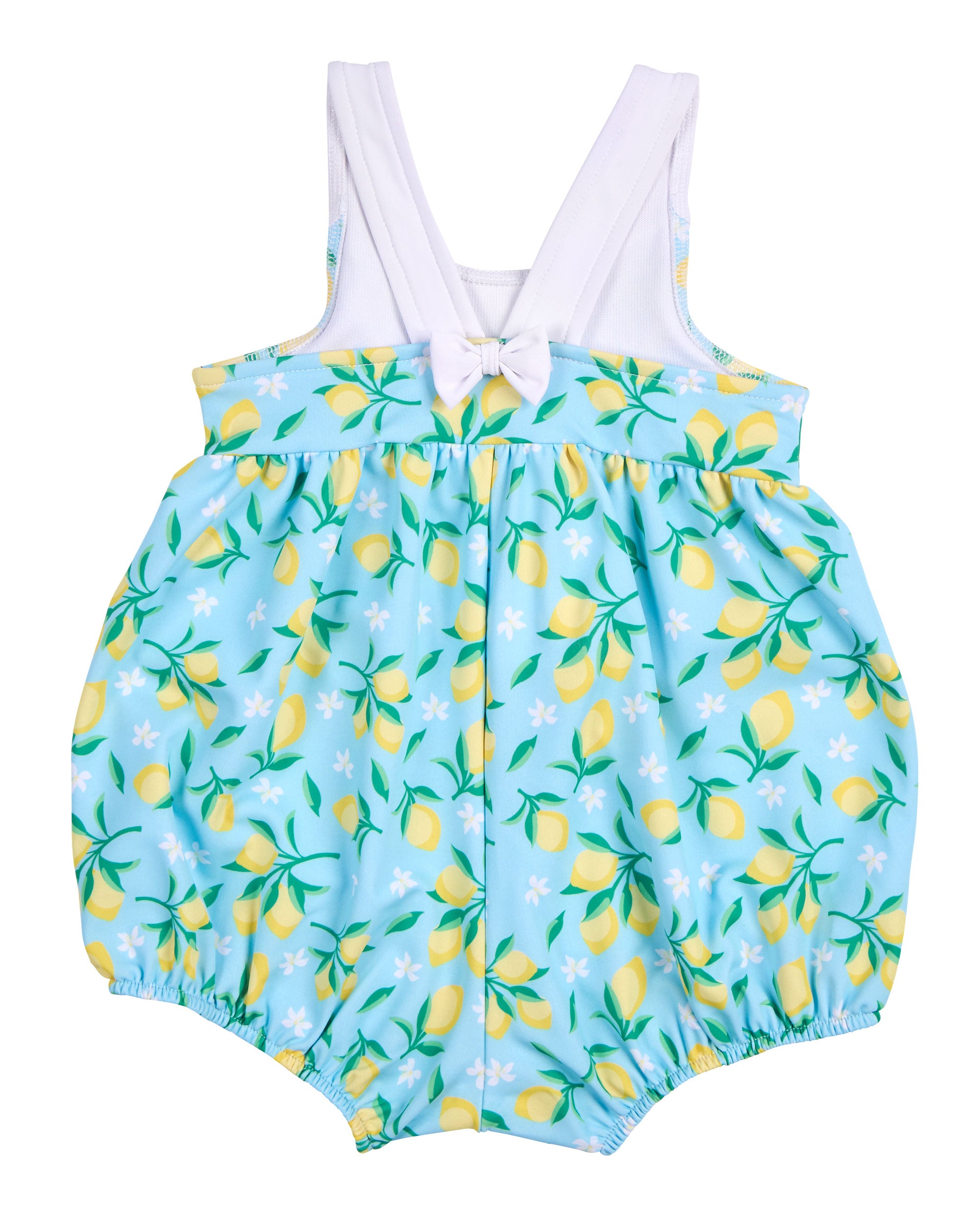 back view of lemon print bubble swimsuit with bow