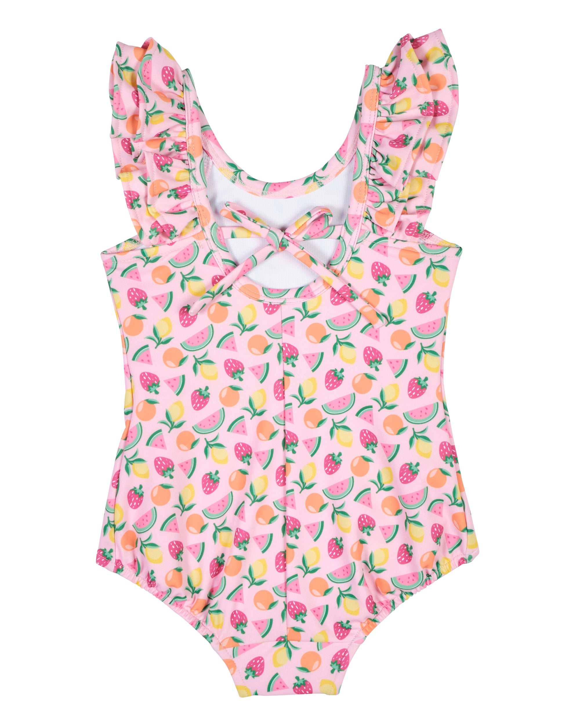 Pink children's swimsuit with fruit pattern on a white background