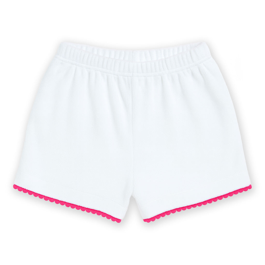 White shorts with pink trim on a white background