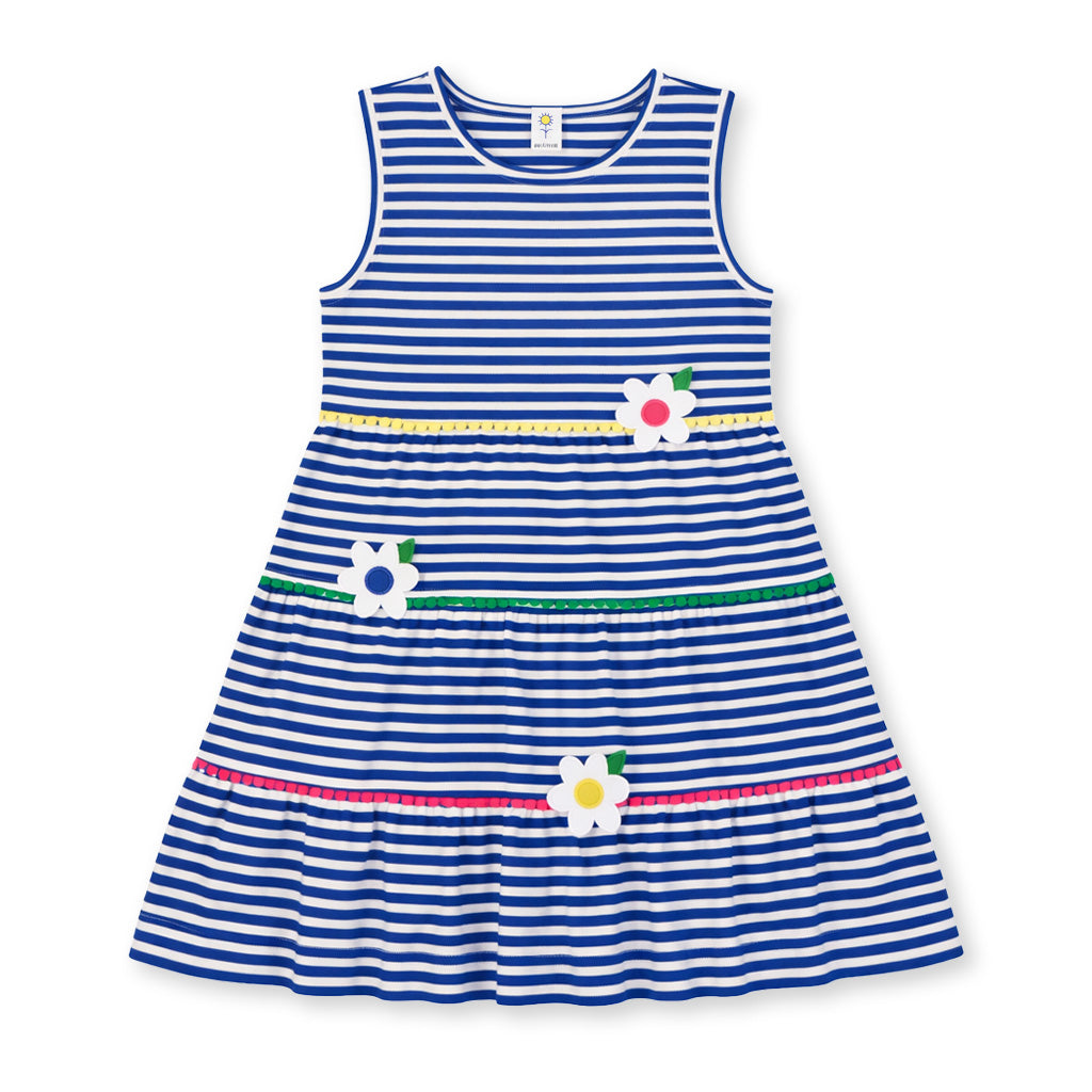 Stripe Knit Dress With Pom Poms & Flowers