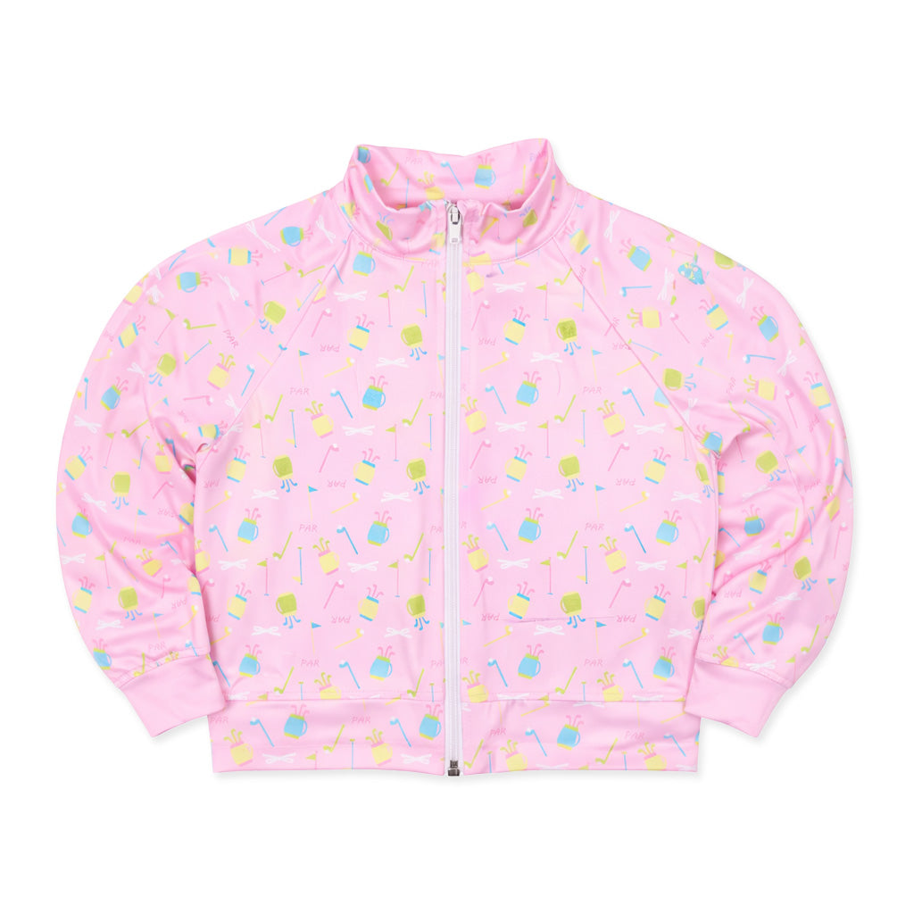Pink jacket with colorful pattern on a white background
