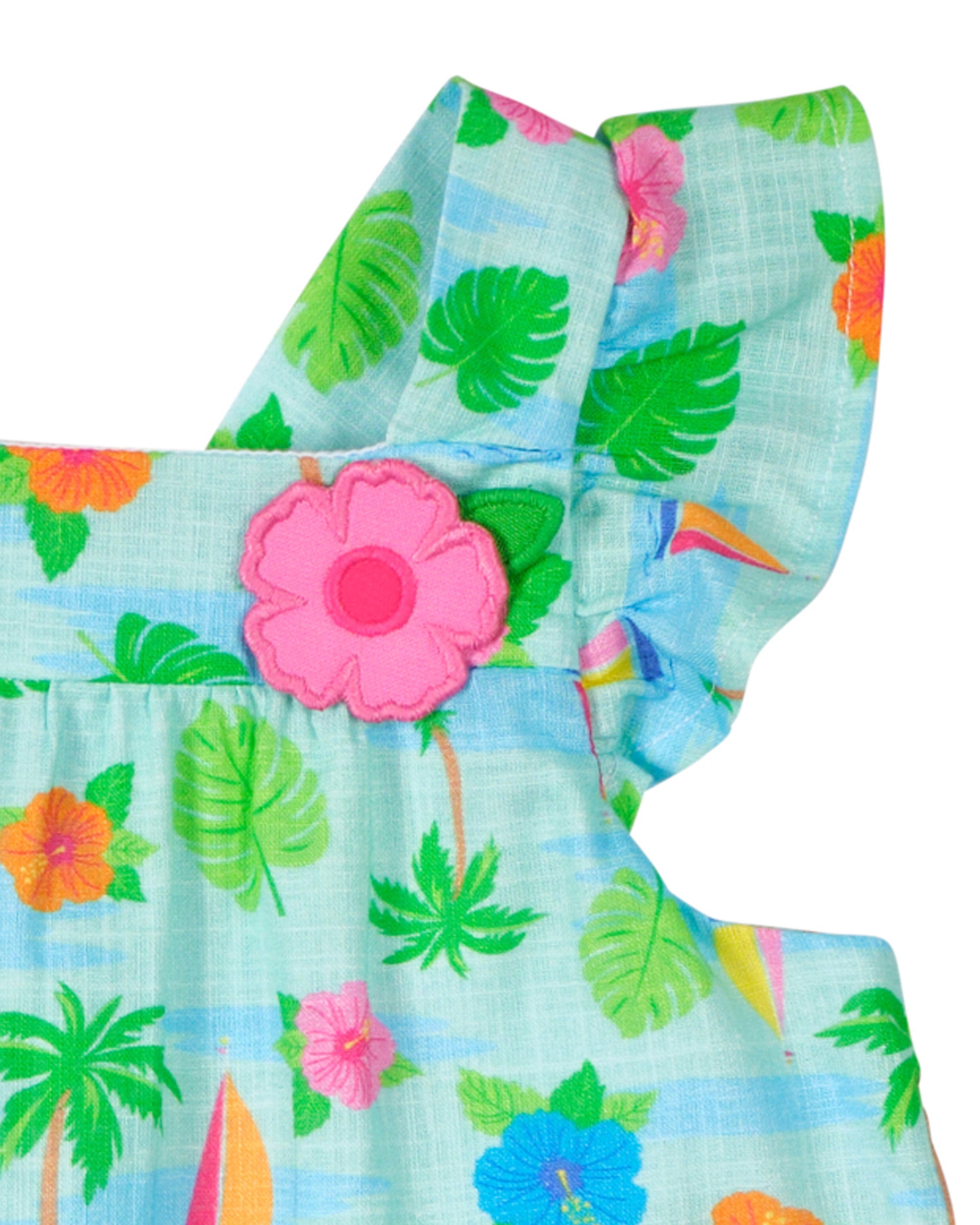 Printed Linen Look Dress With Flower
