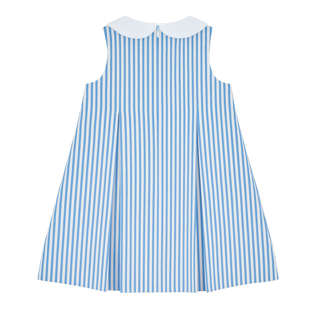 Back of blue and white striped dress on a white background