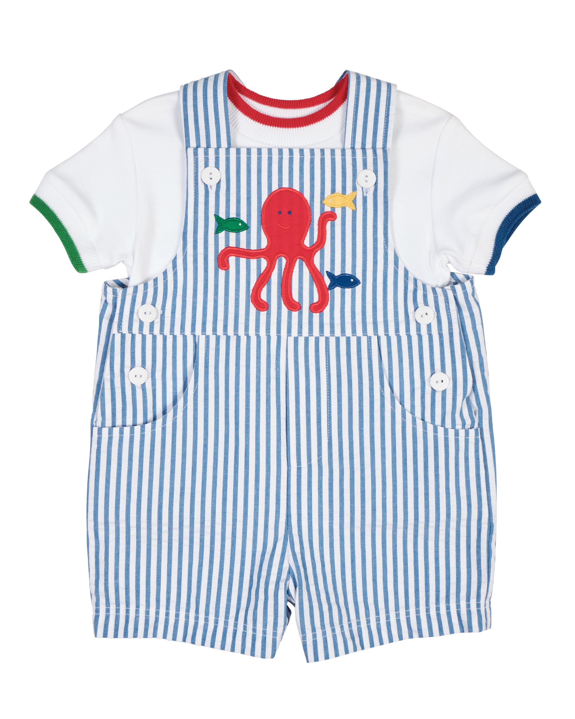 Stripe Seersucker Shortall With Octopus
