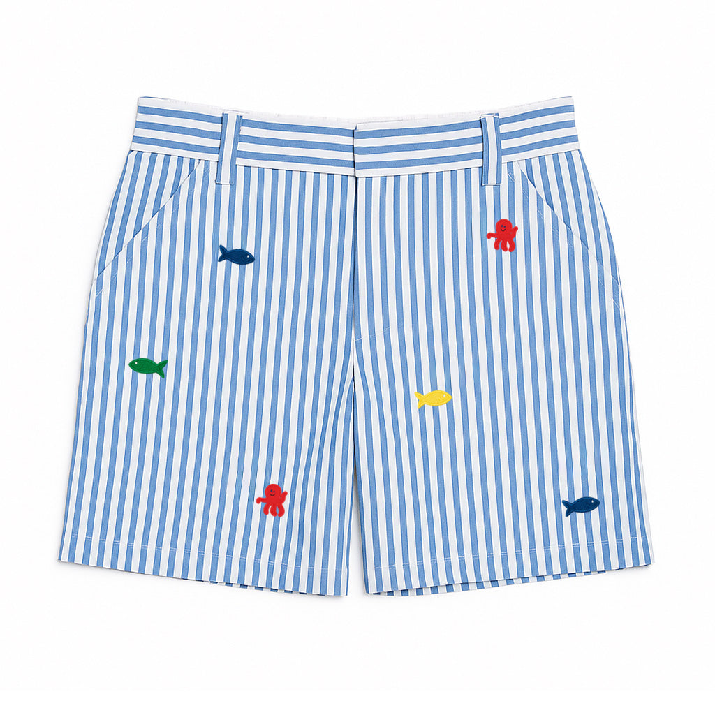 Blue and white stripe shorts with colorful fish and octopus embroidery