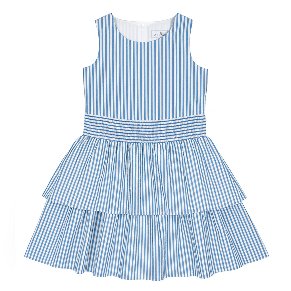 blue and white seersucker dress With Waist Ruching Breeze through your day Color:NOVA Long Sleeve Plus Size freemove