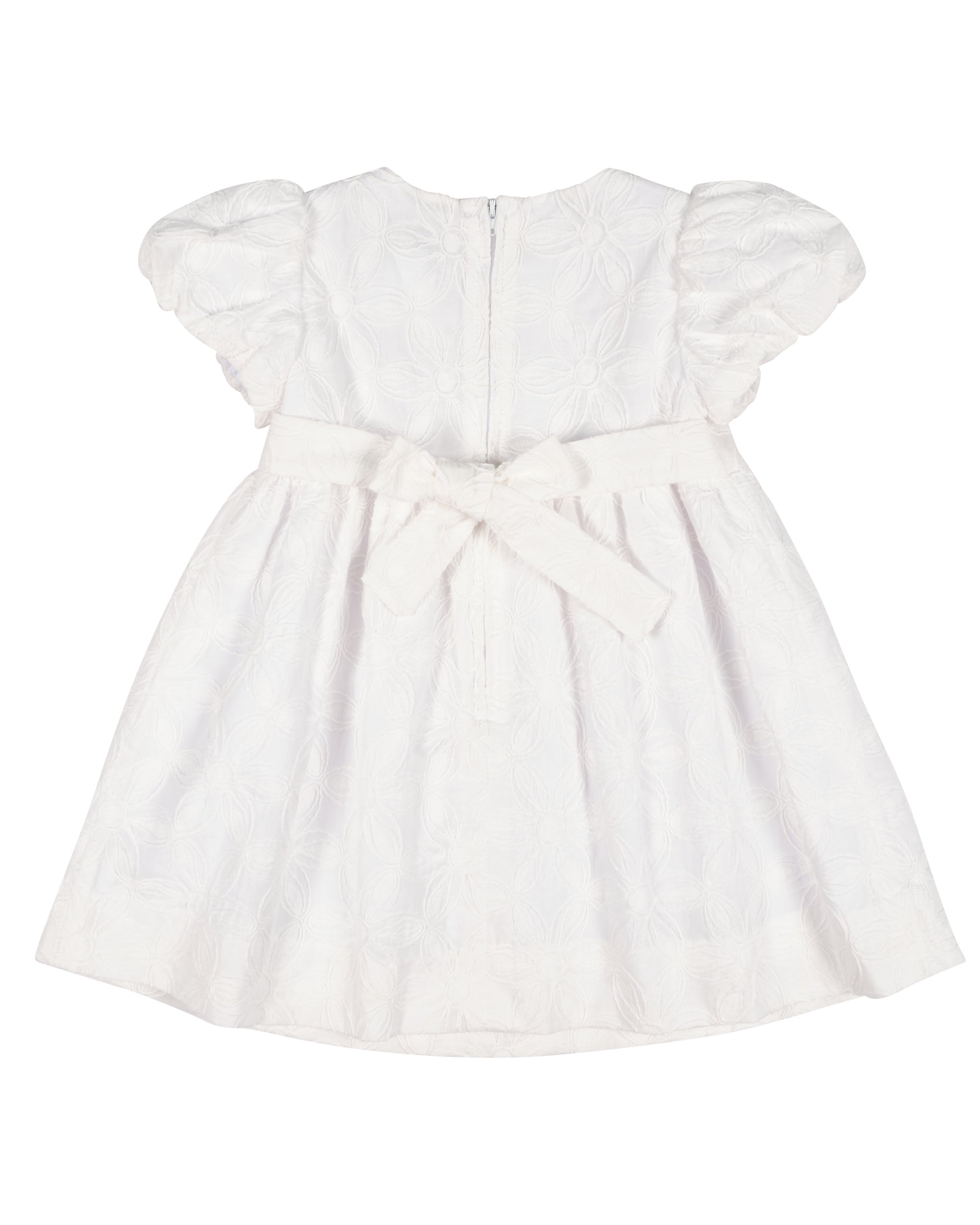 Back of white dress with a bow on a white background