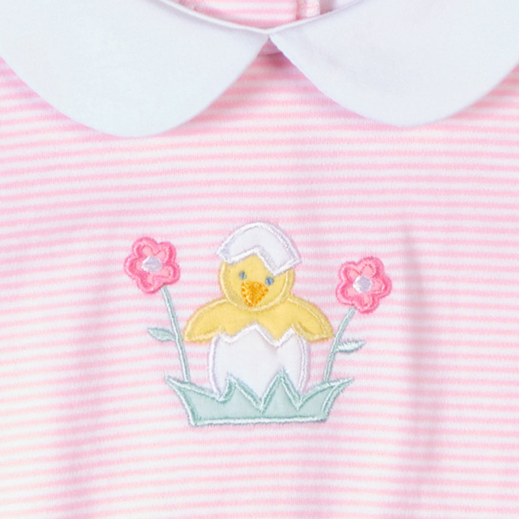 Stripe Knit Romper With Flowers & Chick