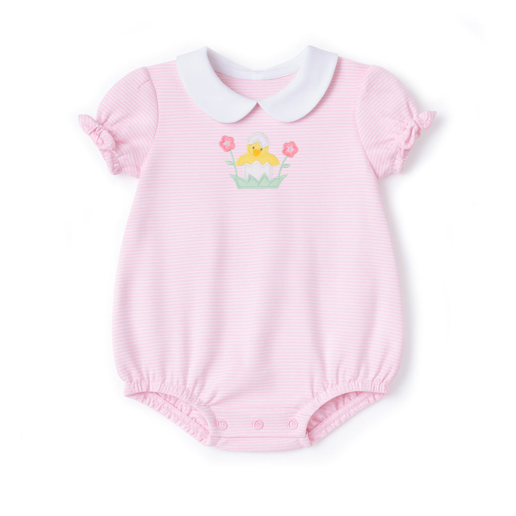 Pink striped baby romper with white collar and embroidered design on a white background