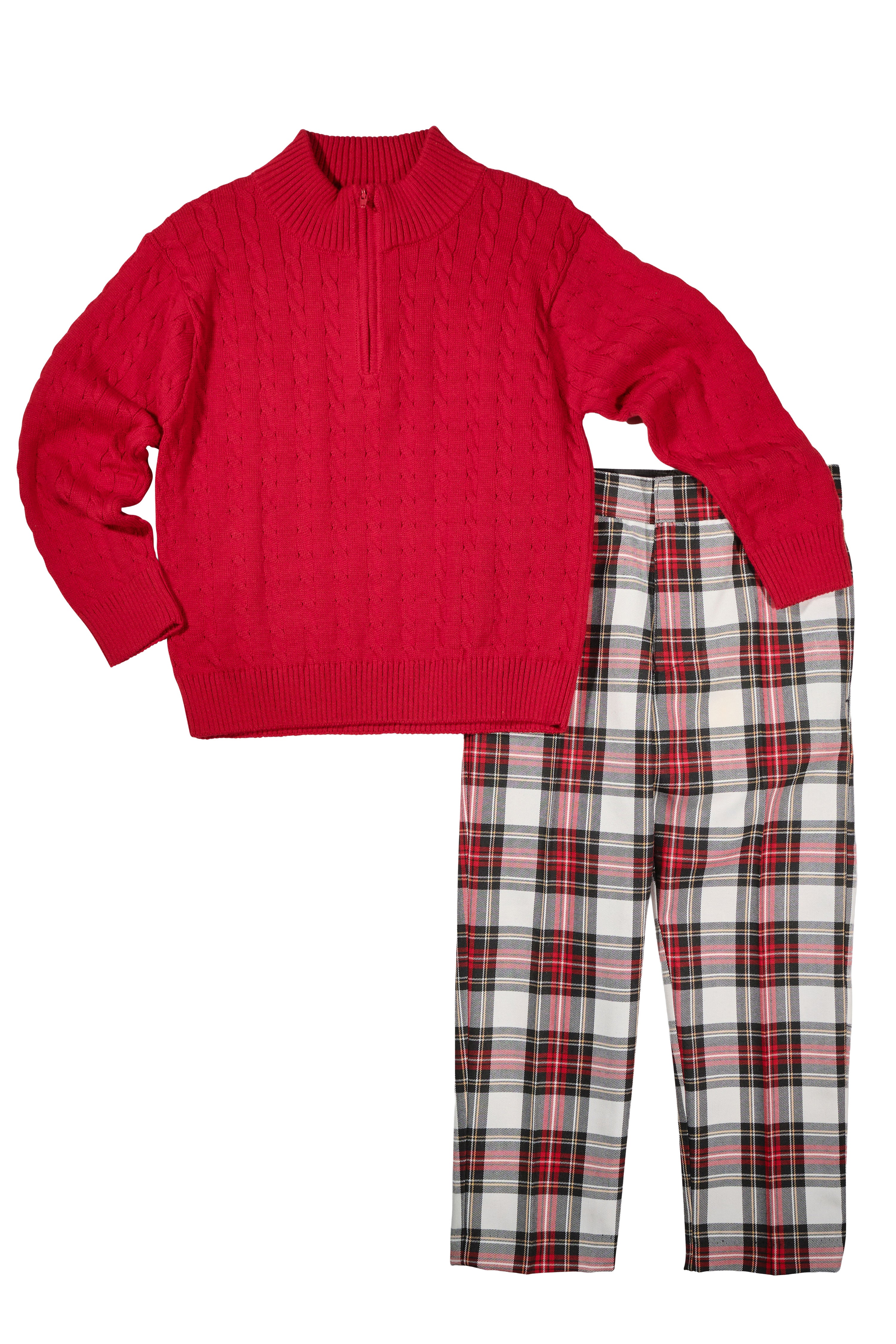 Red sweater and plaid pants set on a white background