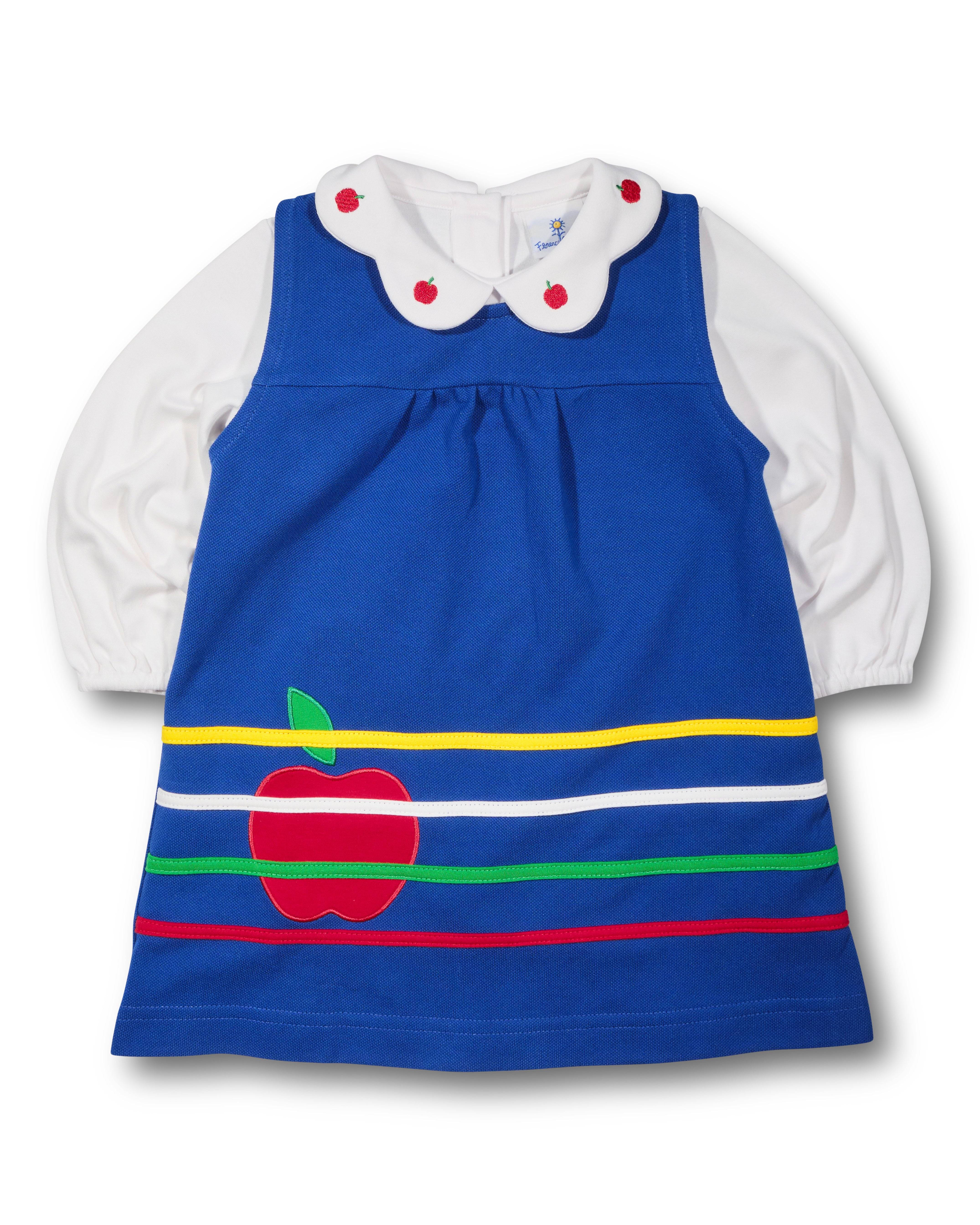 Children's dress with blue body, red apple design, and colorful stripes on a white background.