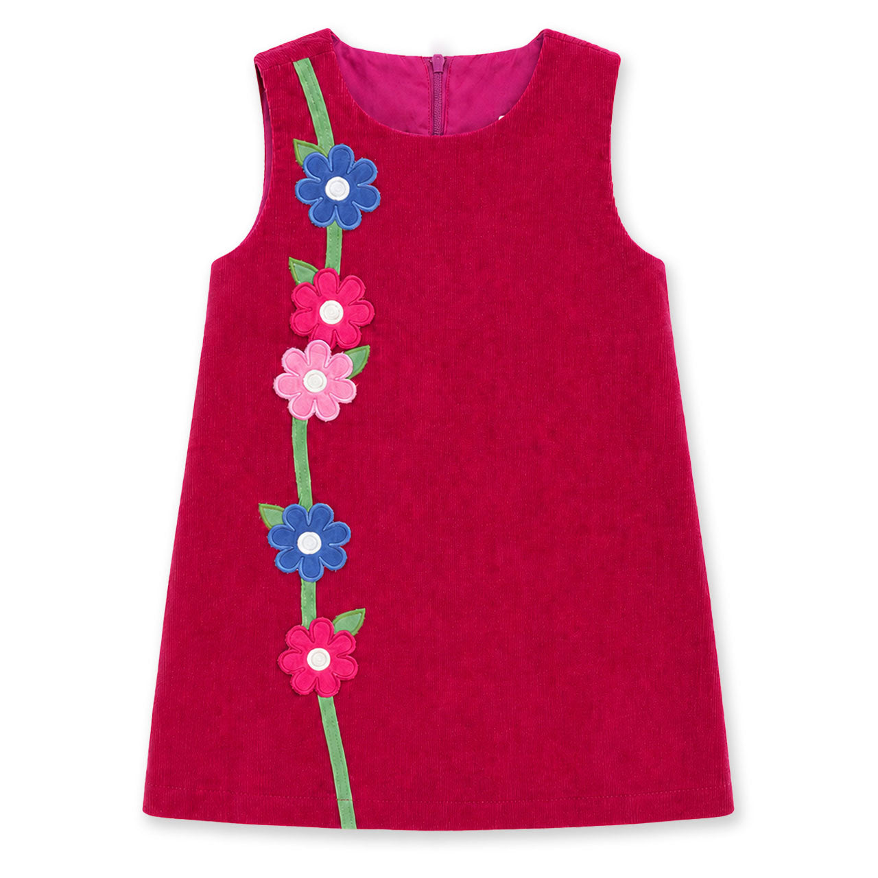 Sleeveless raspberry colored dress with vertical vine and flowers on a white background