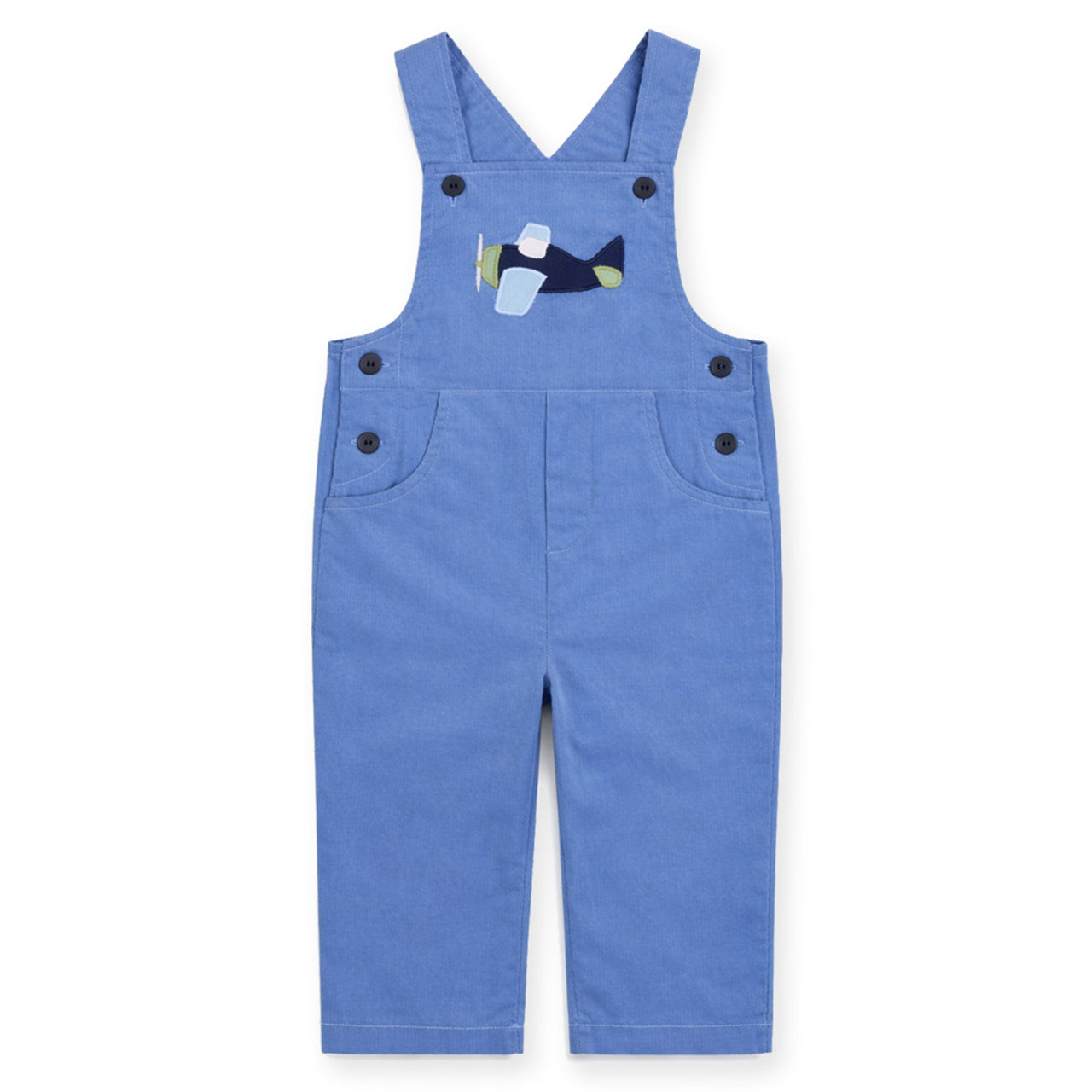 Blue children's overalls with a airplane appliqué on a white background