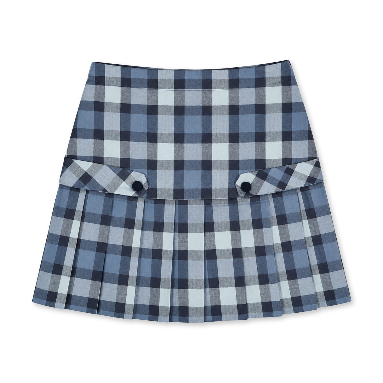 Blue plaid pleated skirt with button tabs on a white background