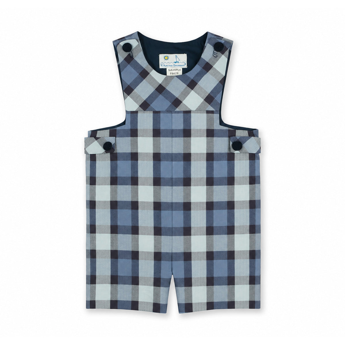 Plaid patterned overalls with button tabs on a white background