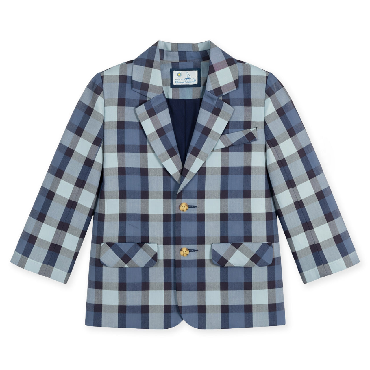 Plaid blazer with a notched lapel and 2 buttons on a white background