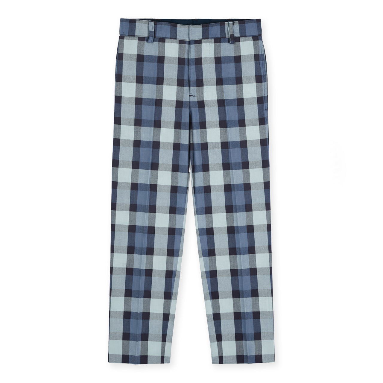 Plaid pants with blue and gray pattern on a white background