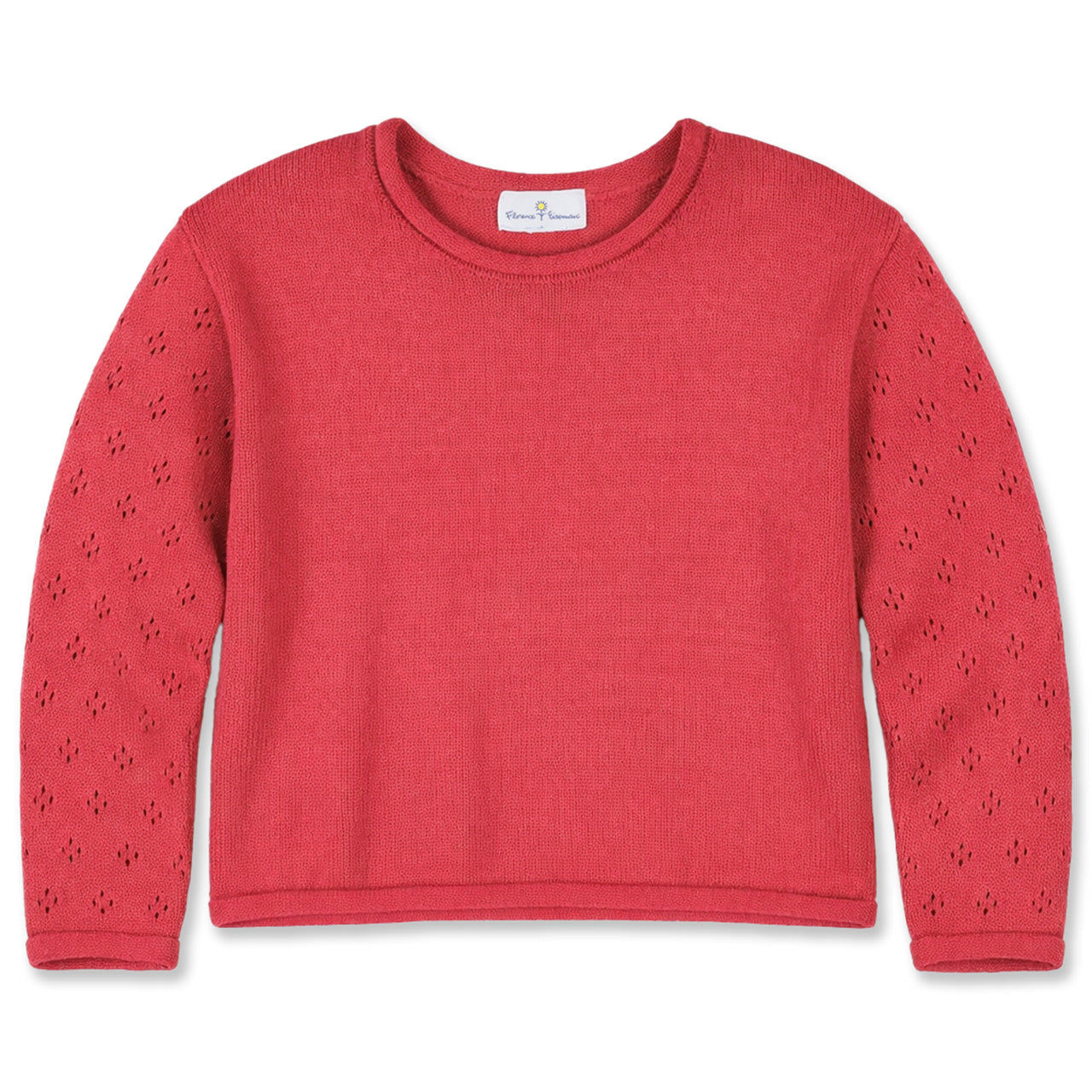 Red sweater with pointelle details on a white background