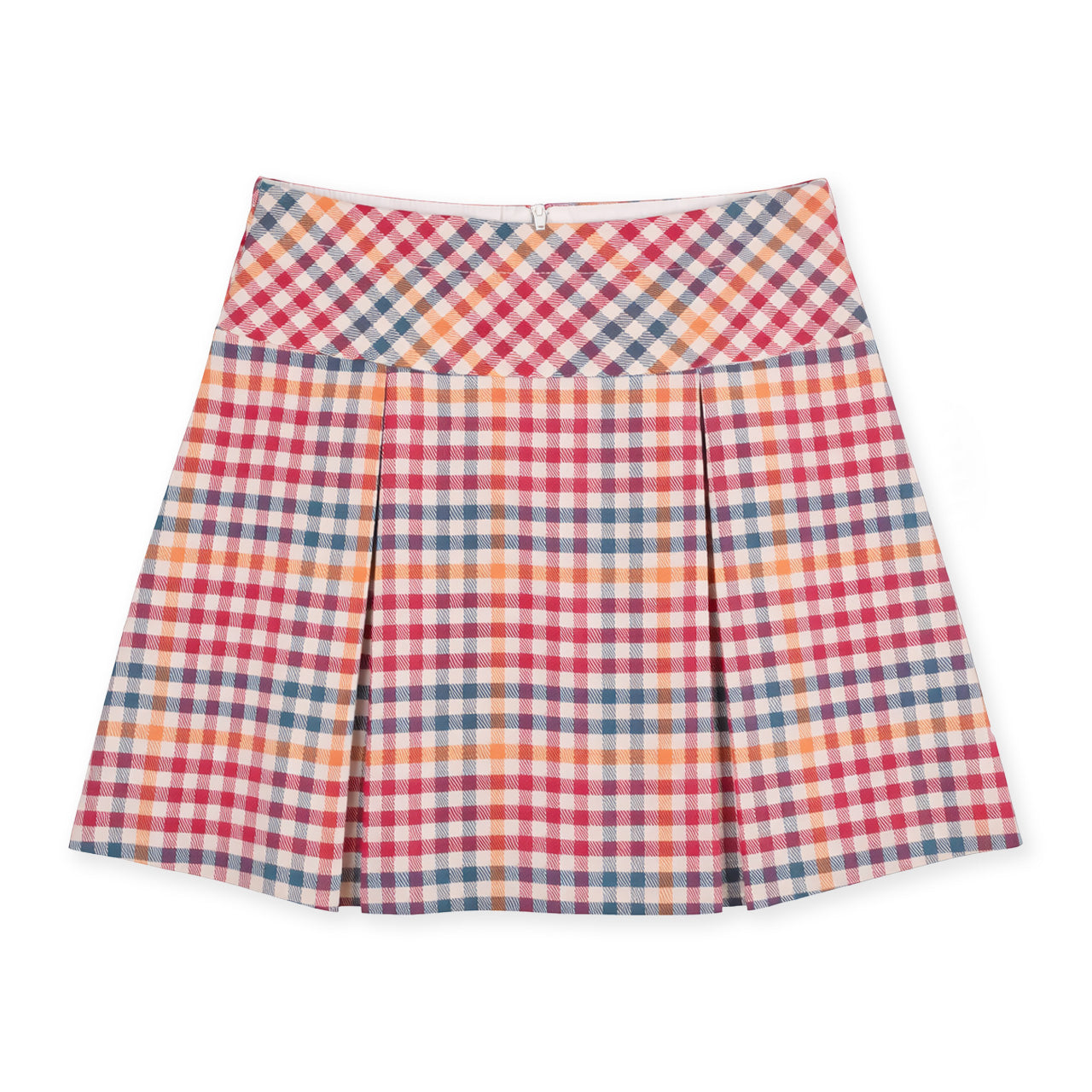 Plaid skirt with red, blue, and orange pattern on a white background
