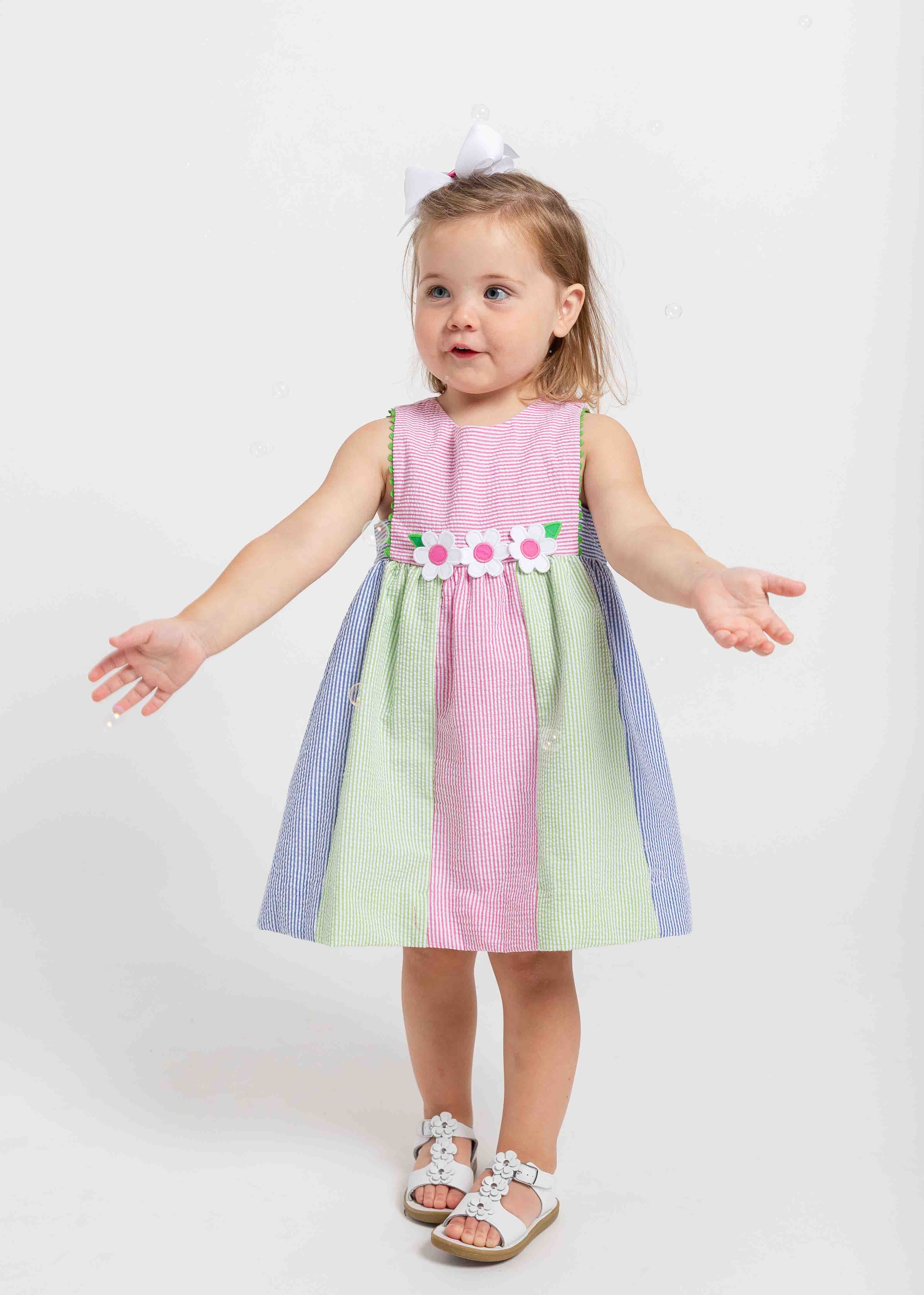 Stripe Seersucker Dress With Flowers