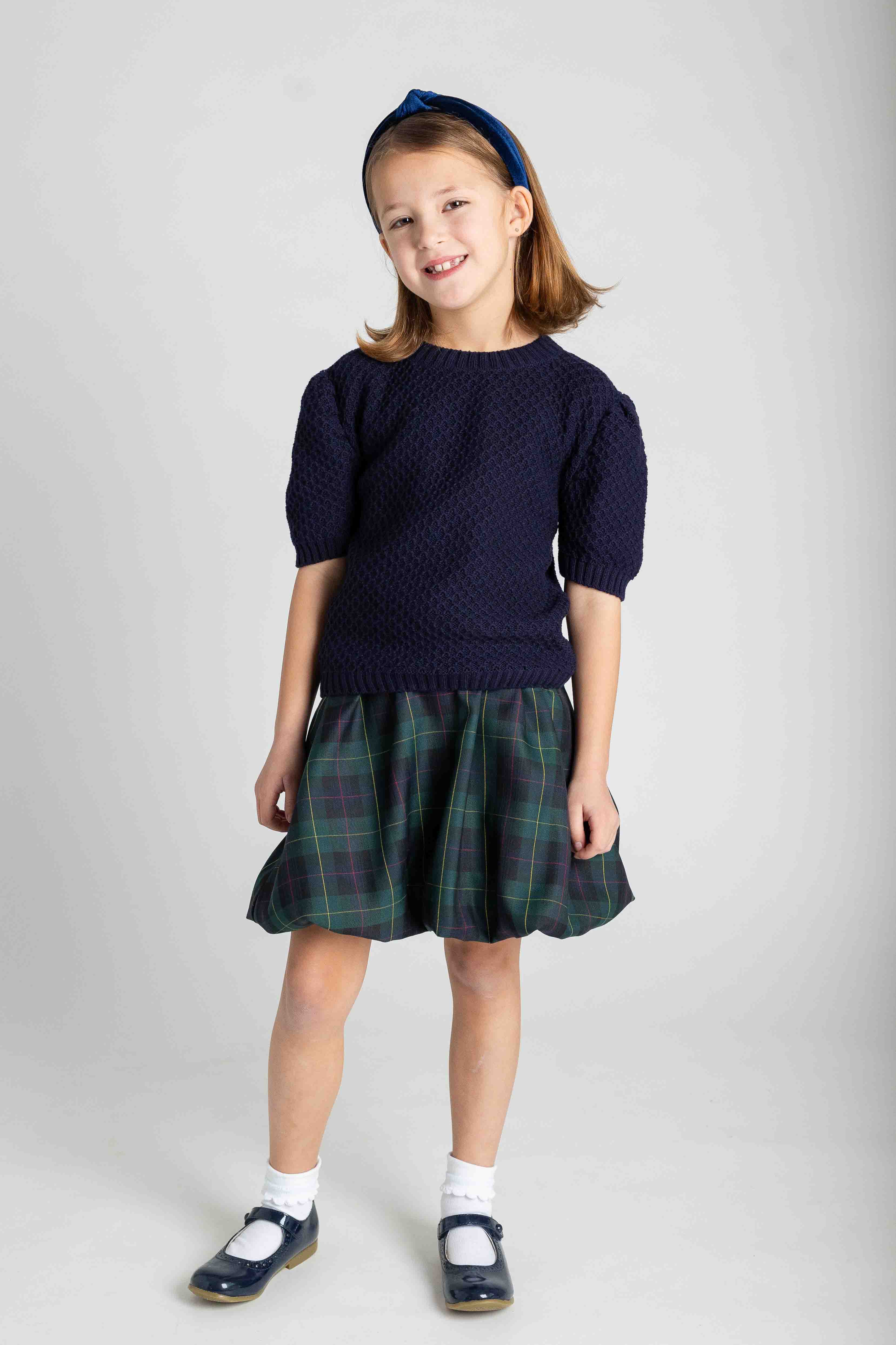 Navy Short Sleeve Sweater with Puff Sleeves