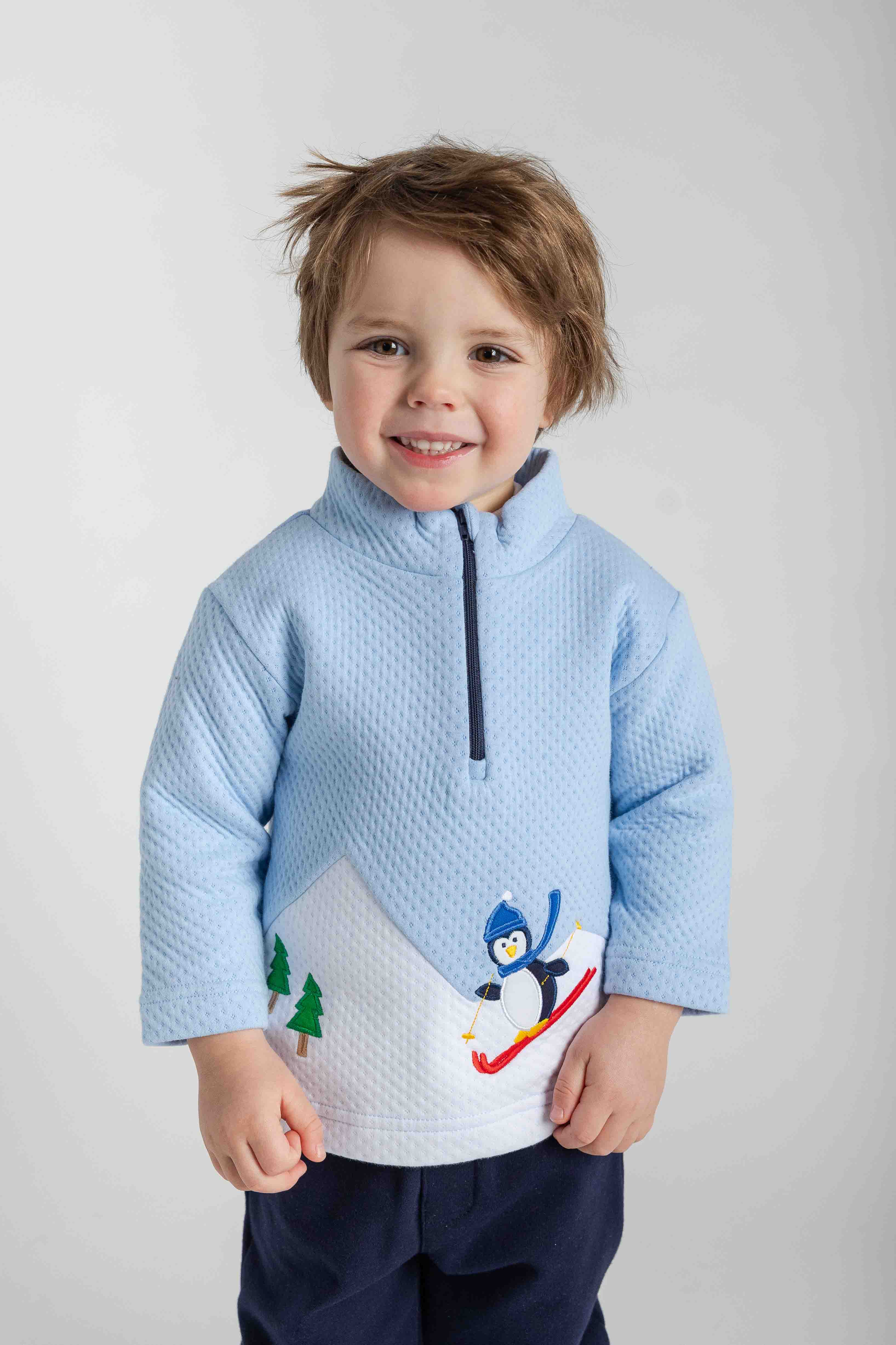 Jacquard Knit Half Zip With Skiing Penguin