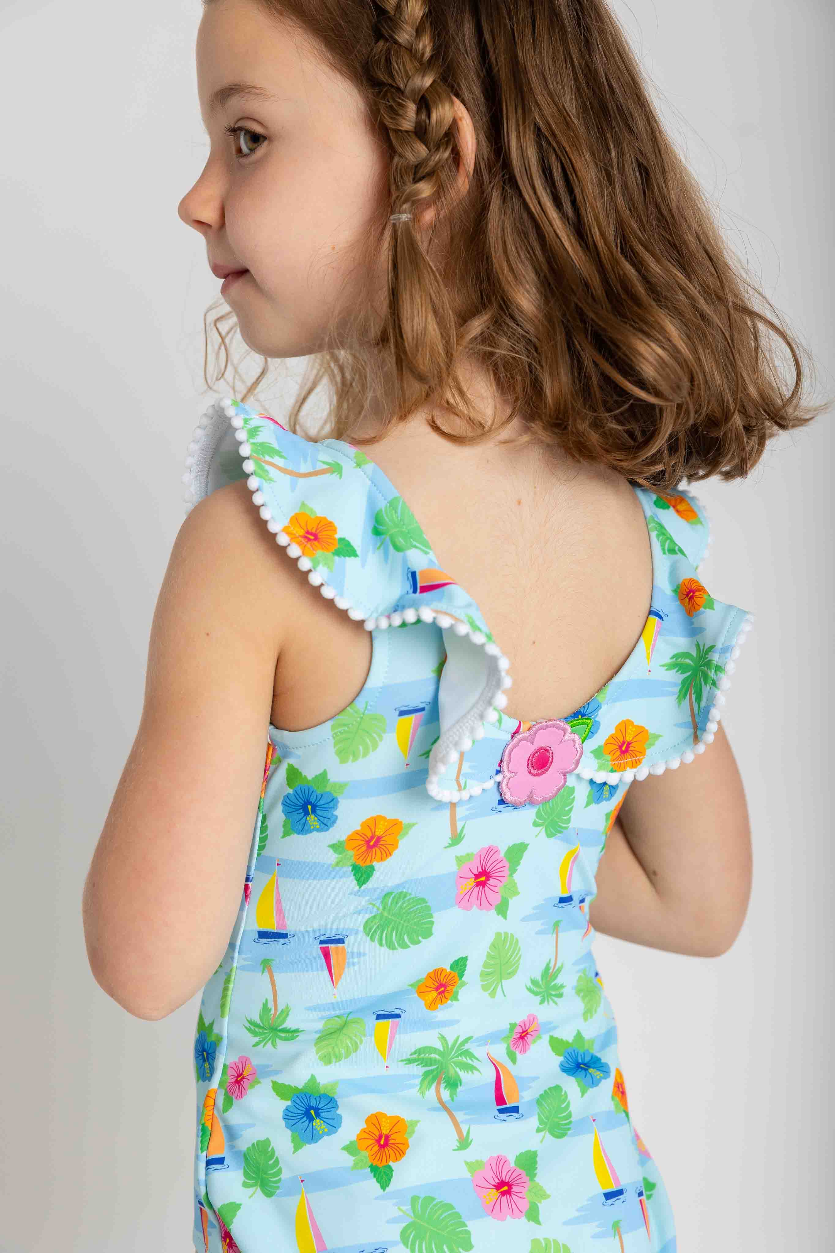 Tropical Print Ruffle Neck Swimsuit