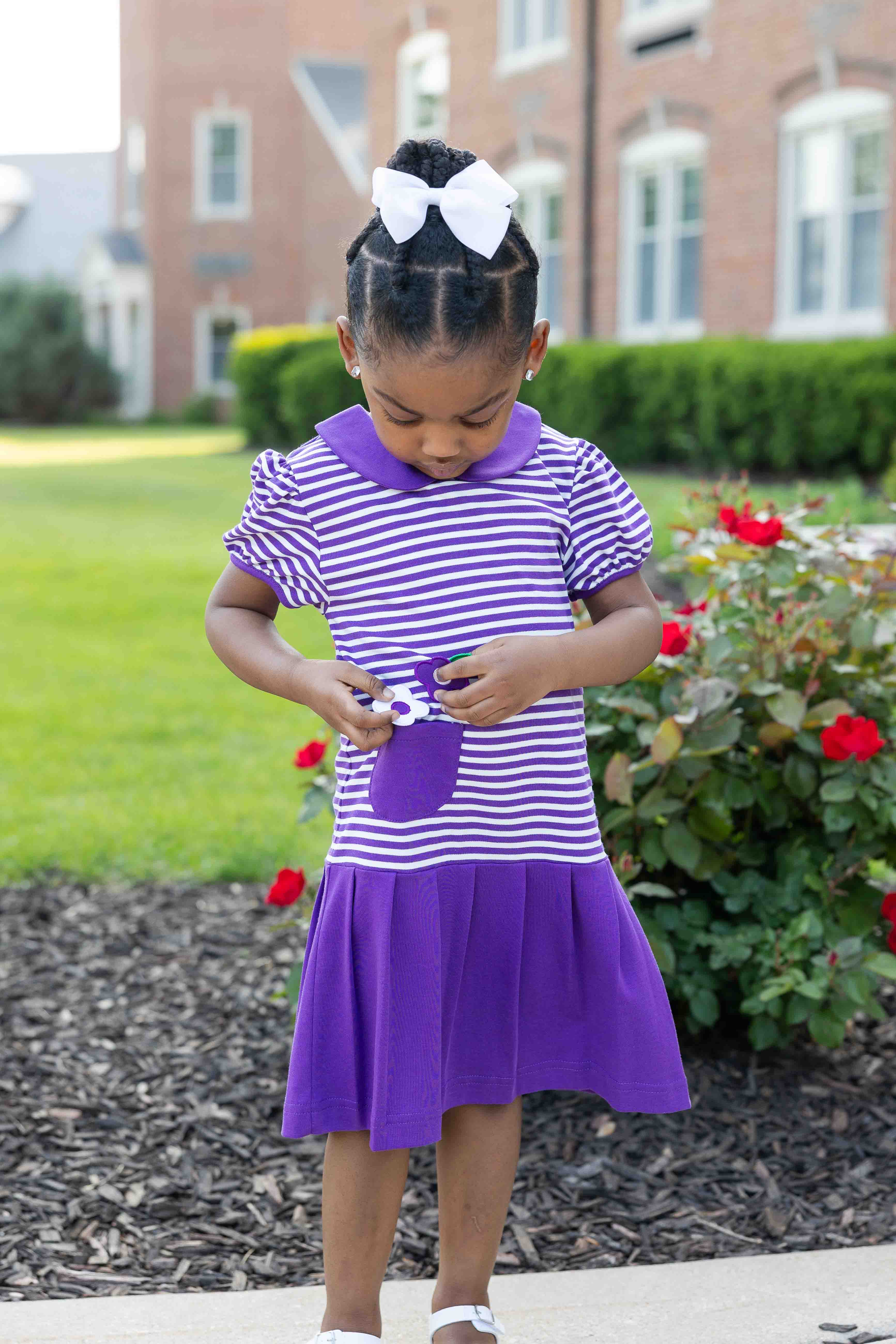 Stripe Knit Pleated Dress With Flowers
