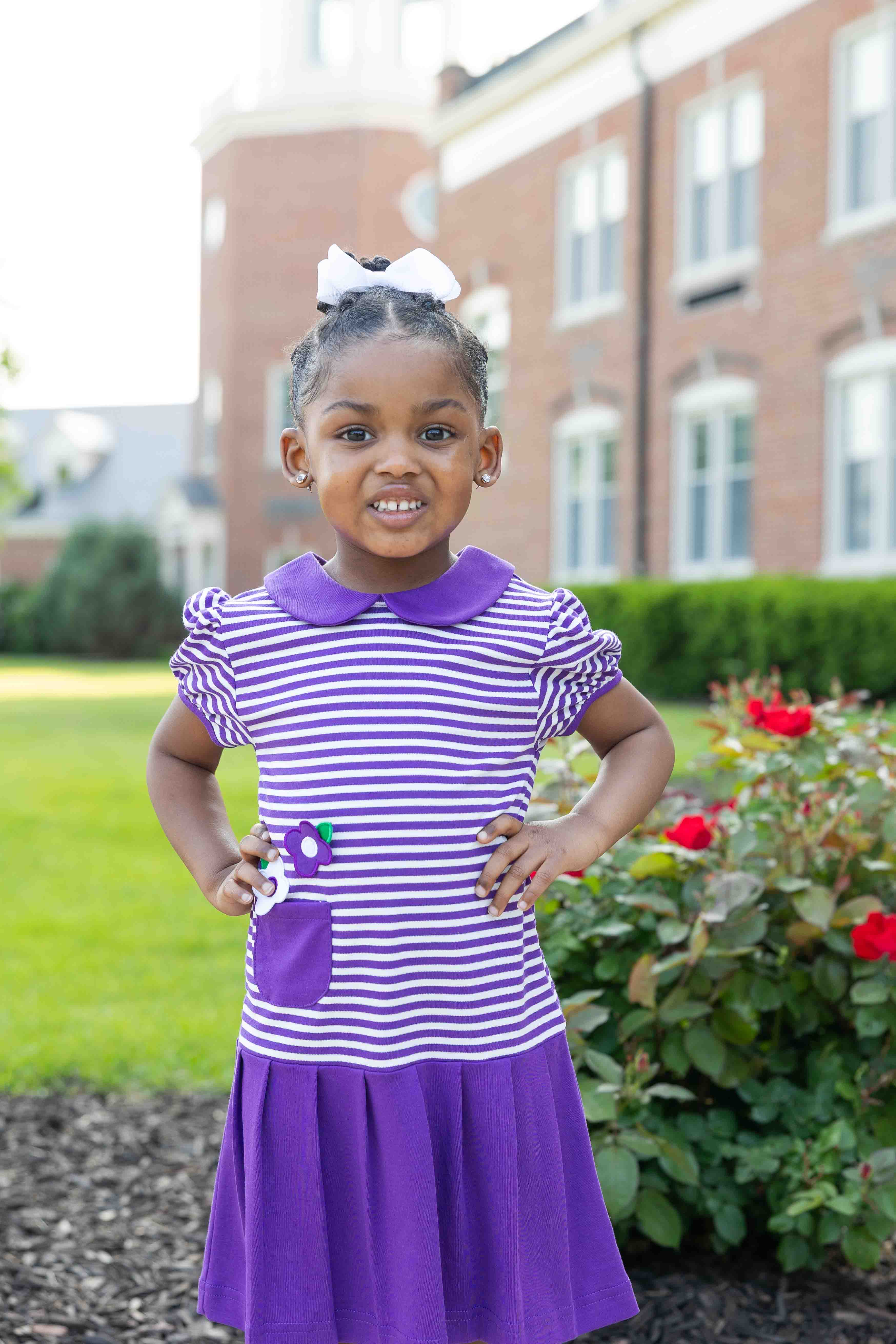 Stripe Knit Pleated Dress With Flowers