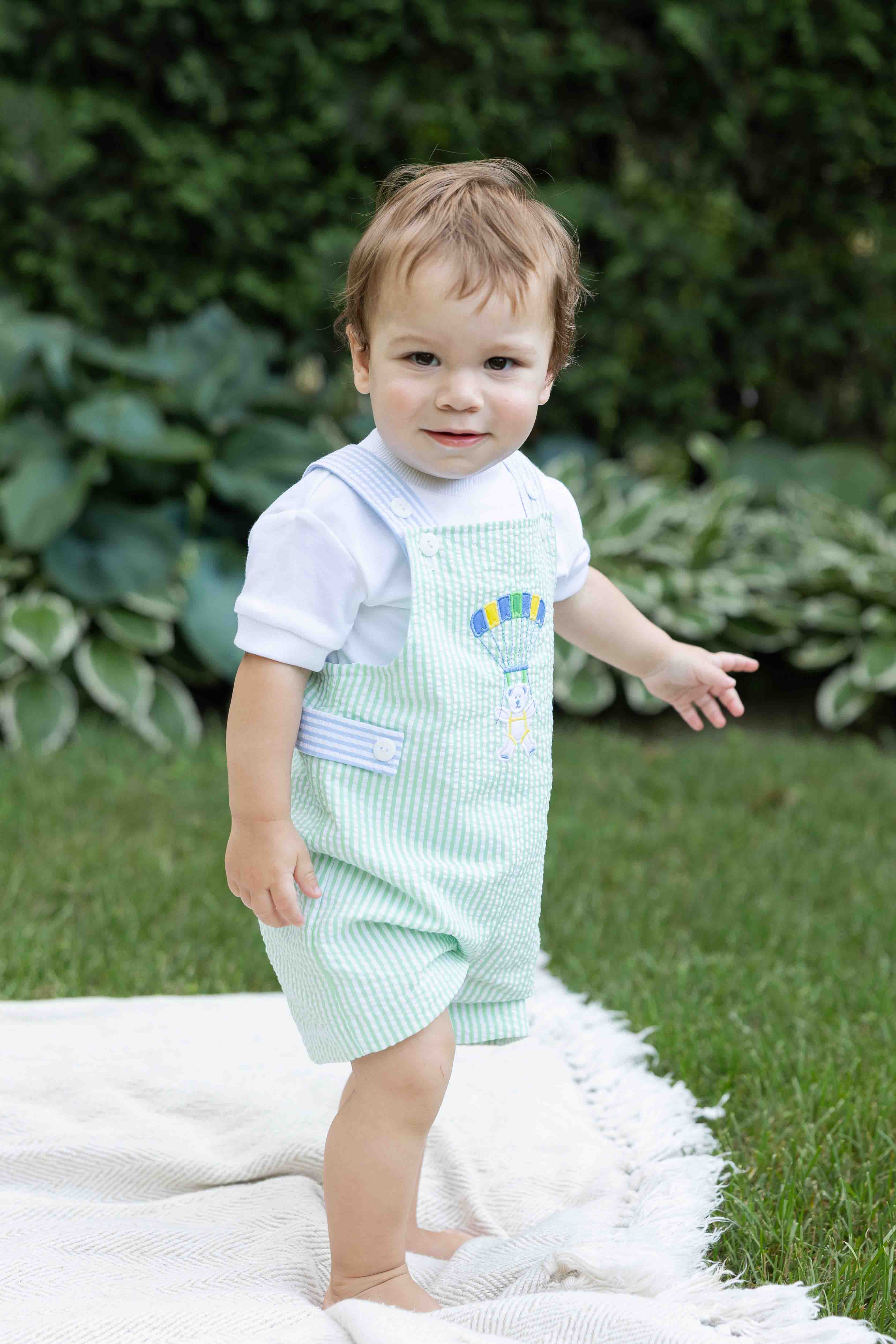 Seersucker Shortall With Parachute Bear