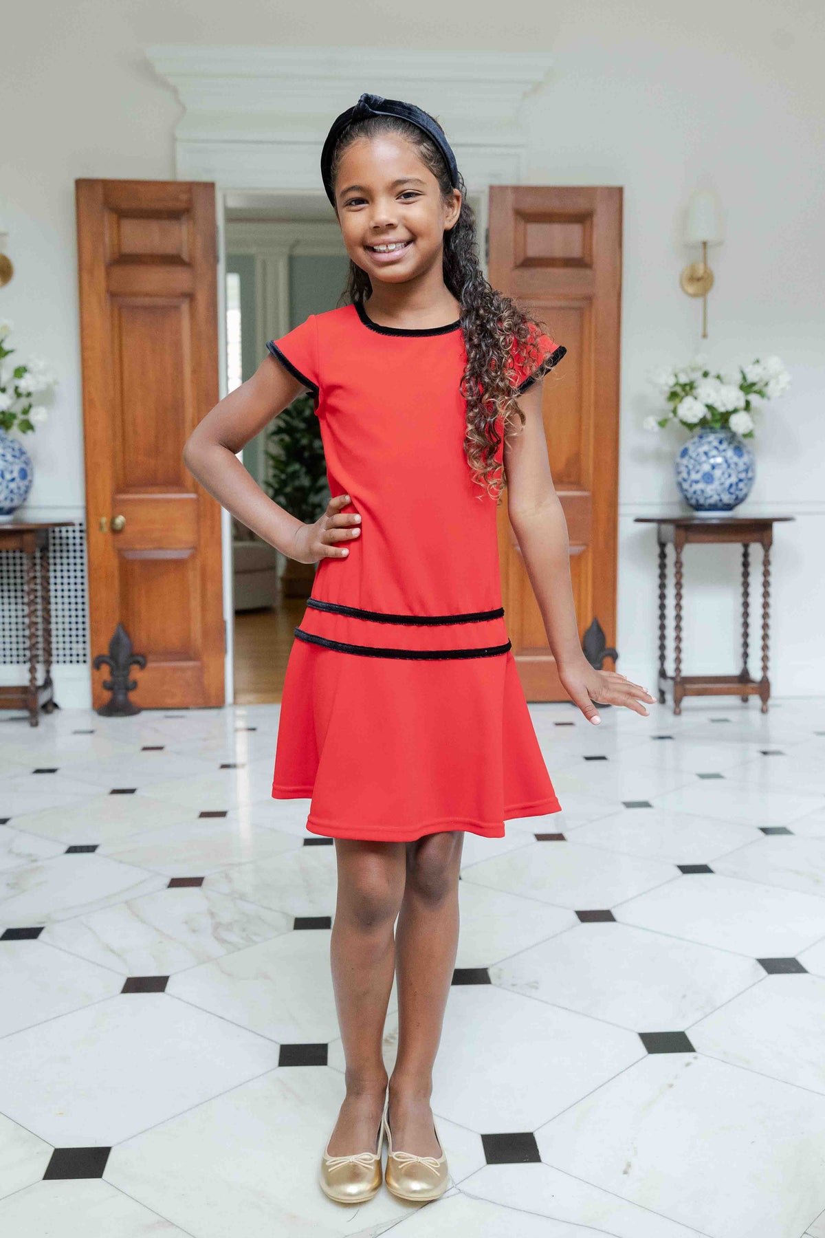 Crepe Knit Dress With Velvet Trim