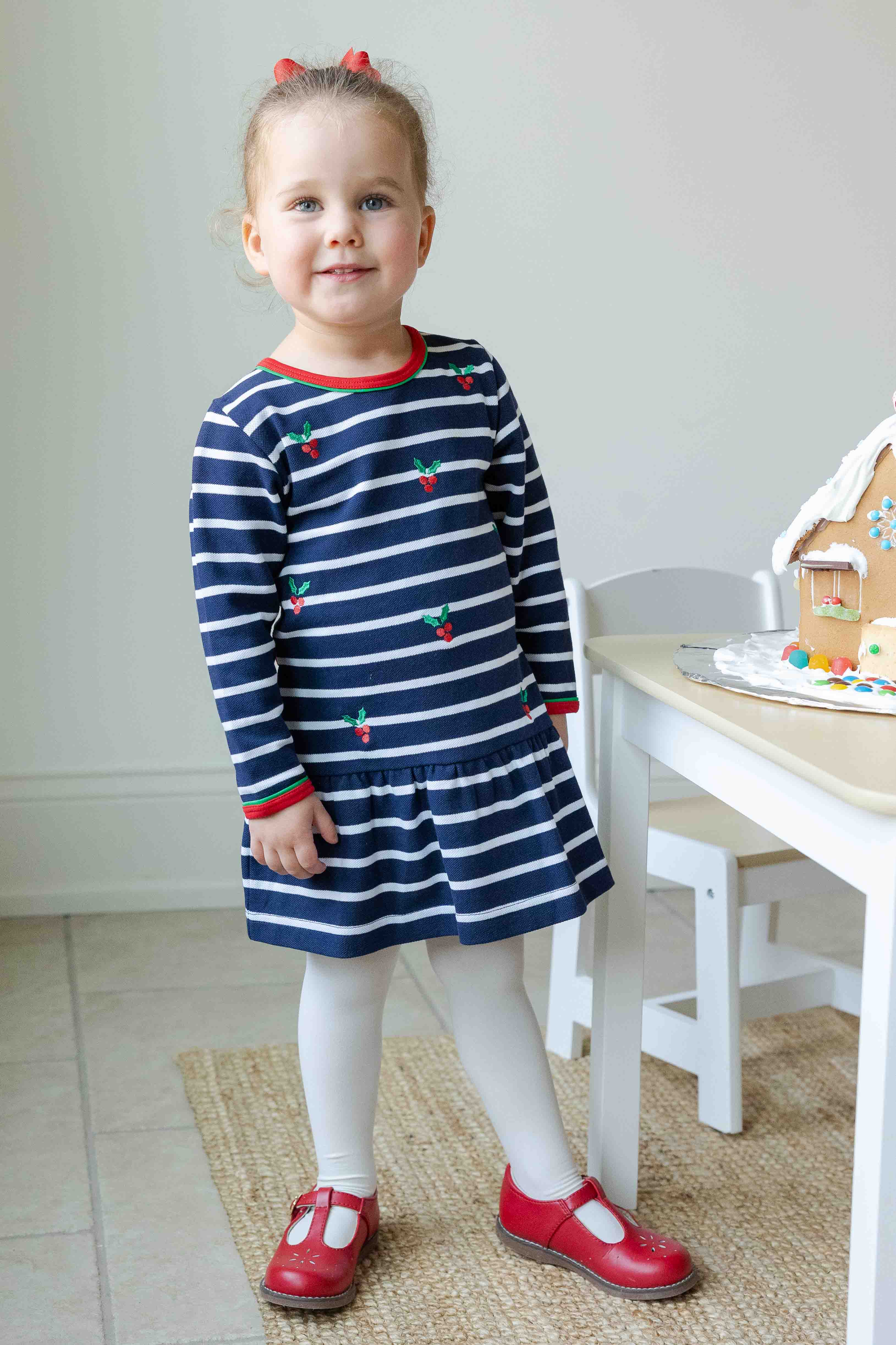 Stripe Knit Dress With Embroidered Holly