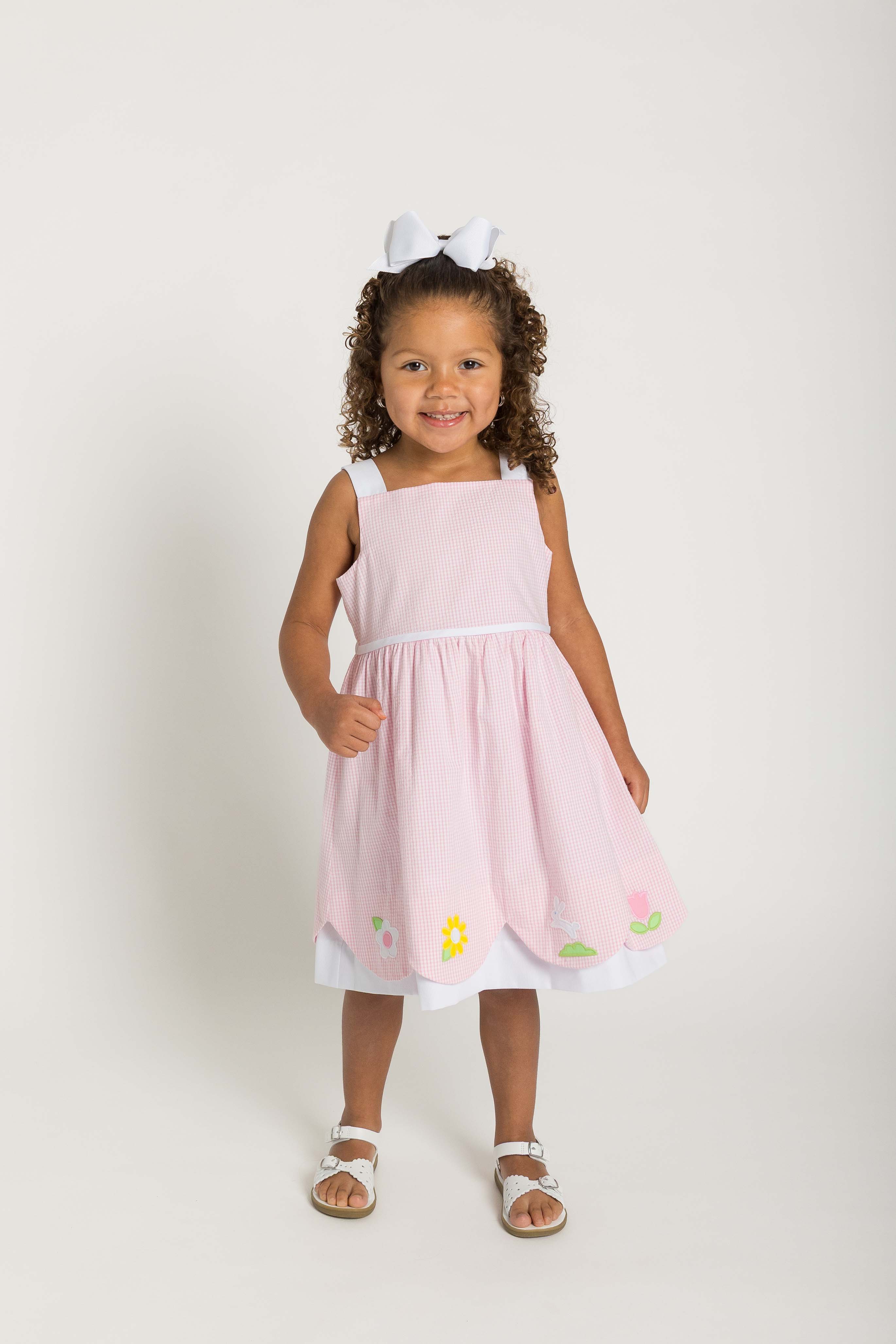 Seersucker Check Dress with Flowers & Bunny
