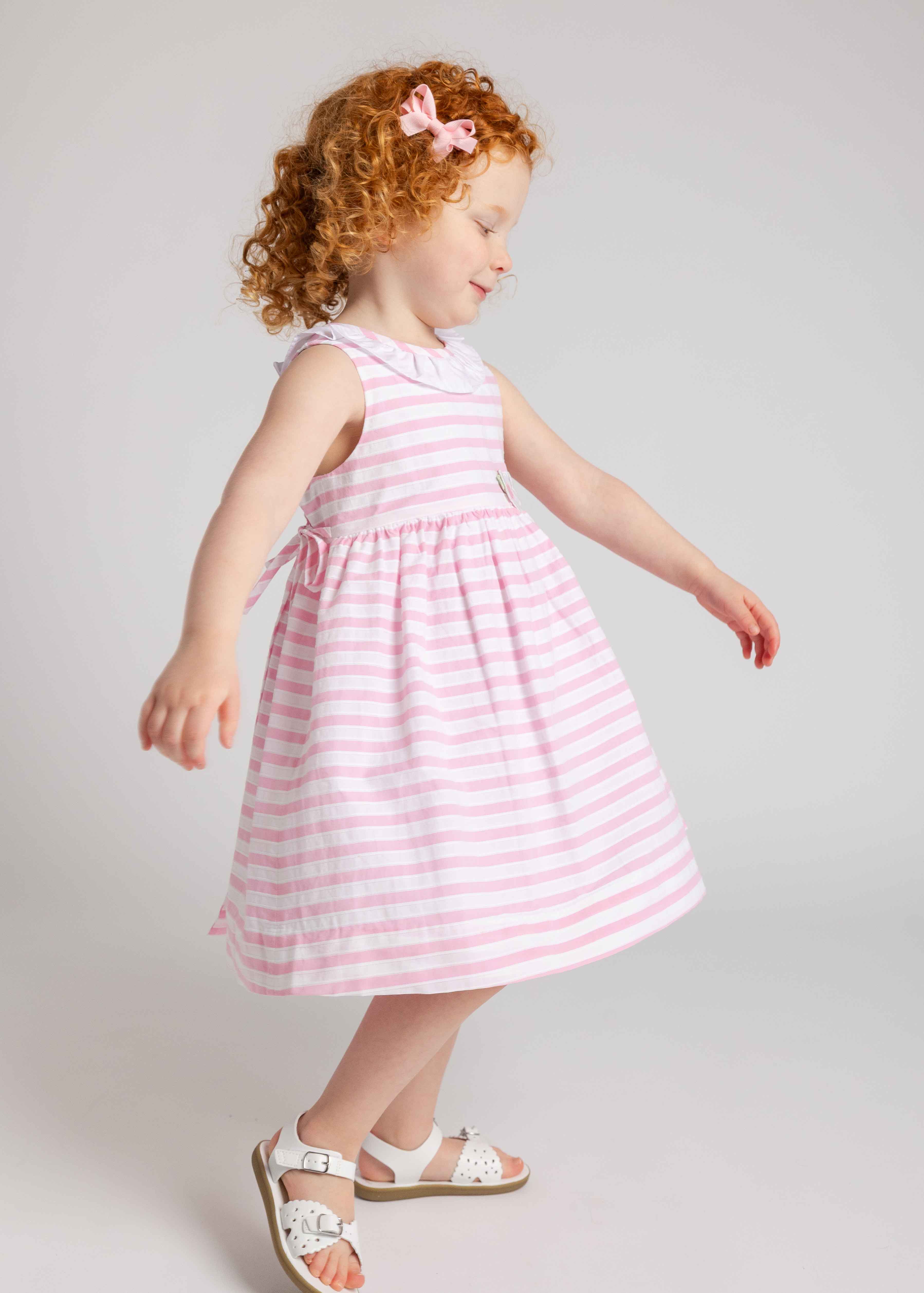 Pink Stripe Dress with Flower and Ruffle Neck