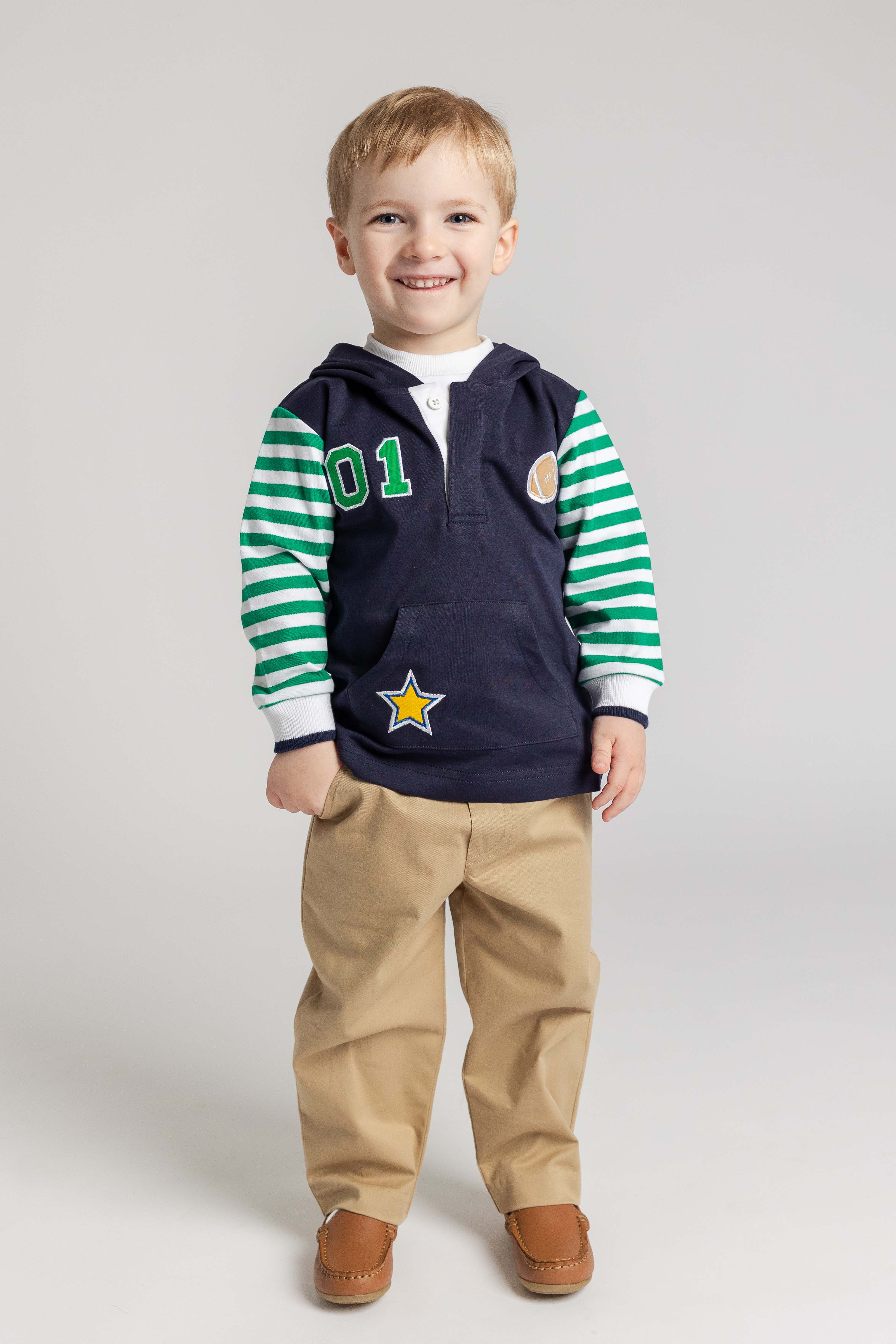Hooded Knit Shirt with Varsity Football Motifs