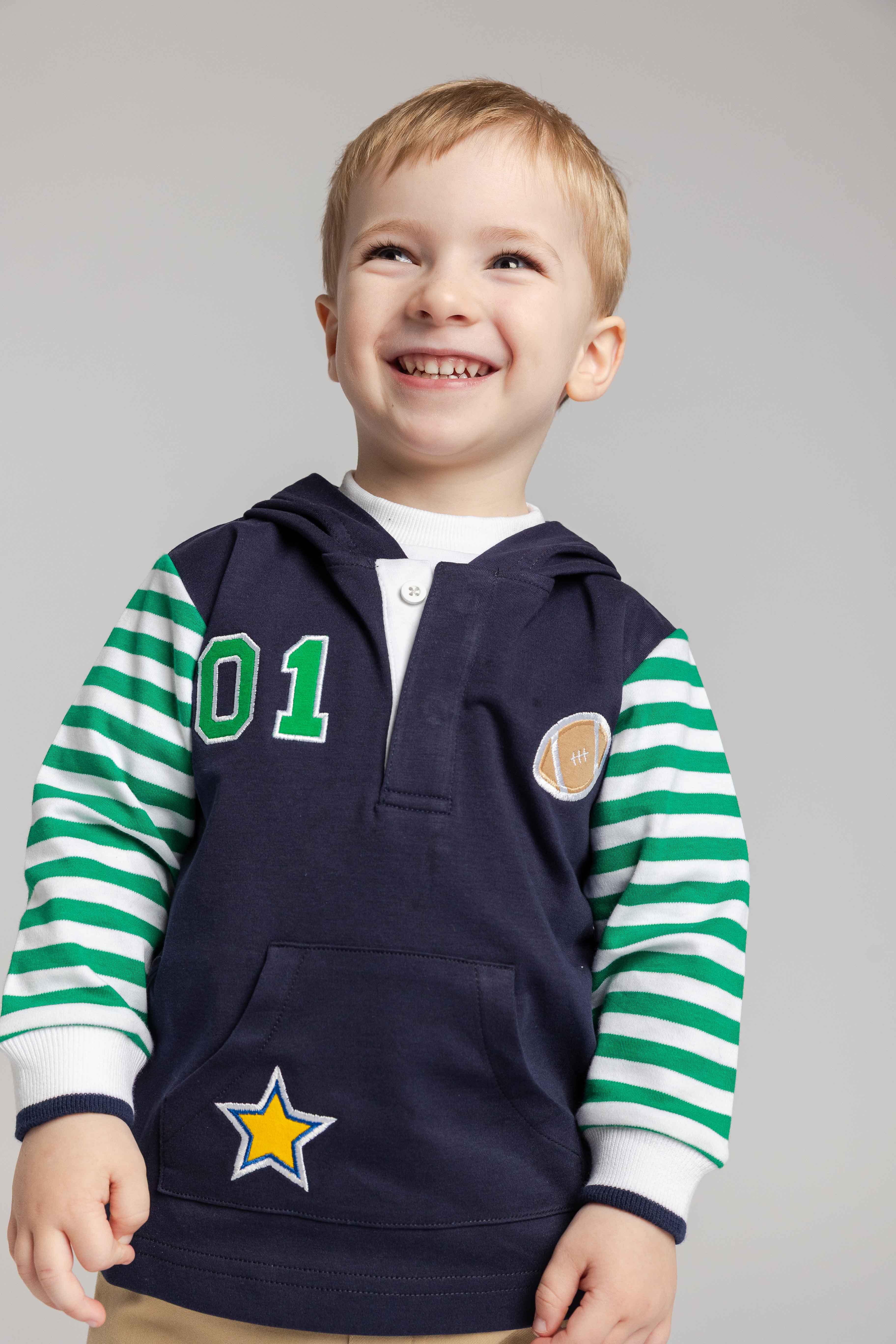 Hooded Knit Shirt with Varsity Football Motifs