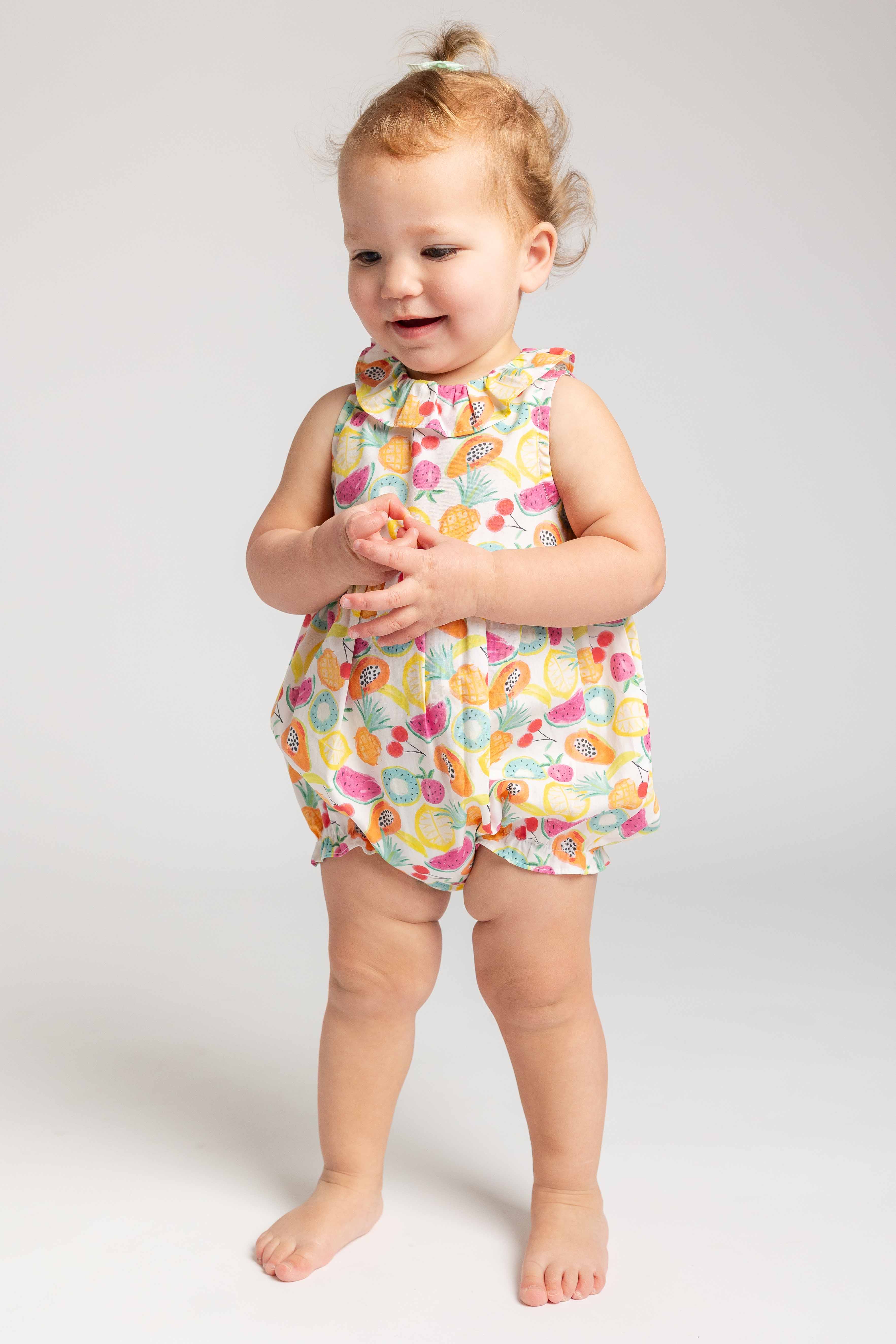 Fruit Print Romper with Neck Ruffle