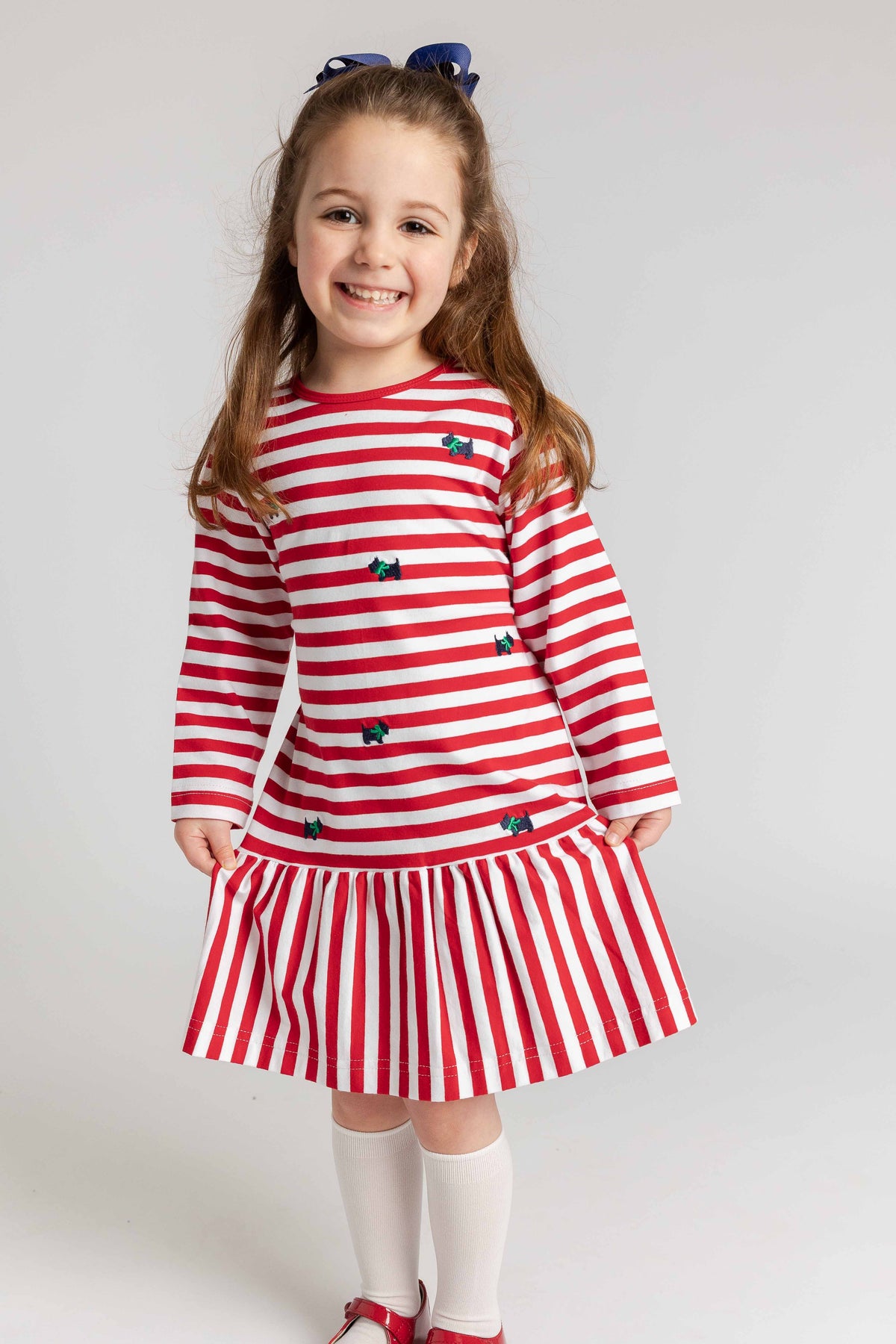 Stripe Knit Dress with Embroidered Scotty Dogs
