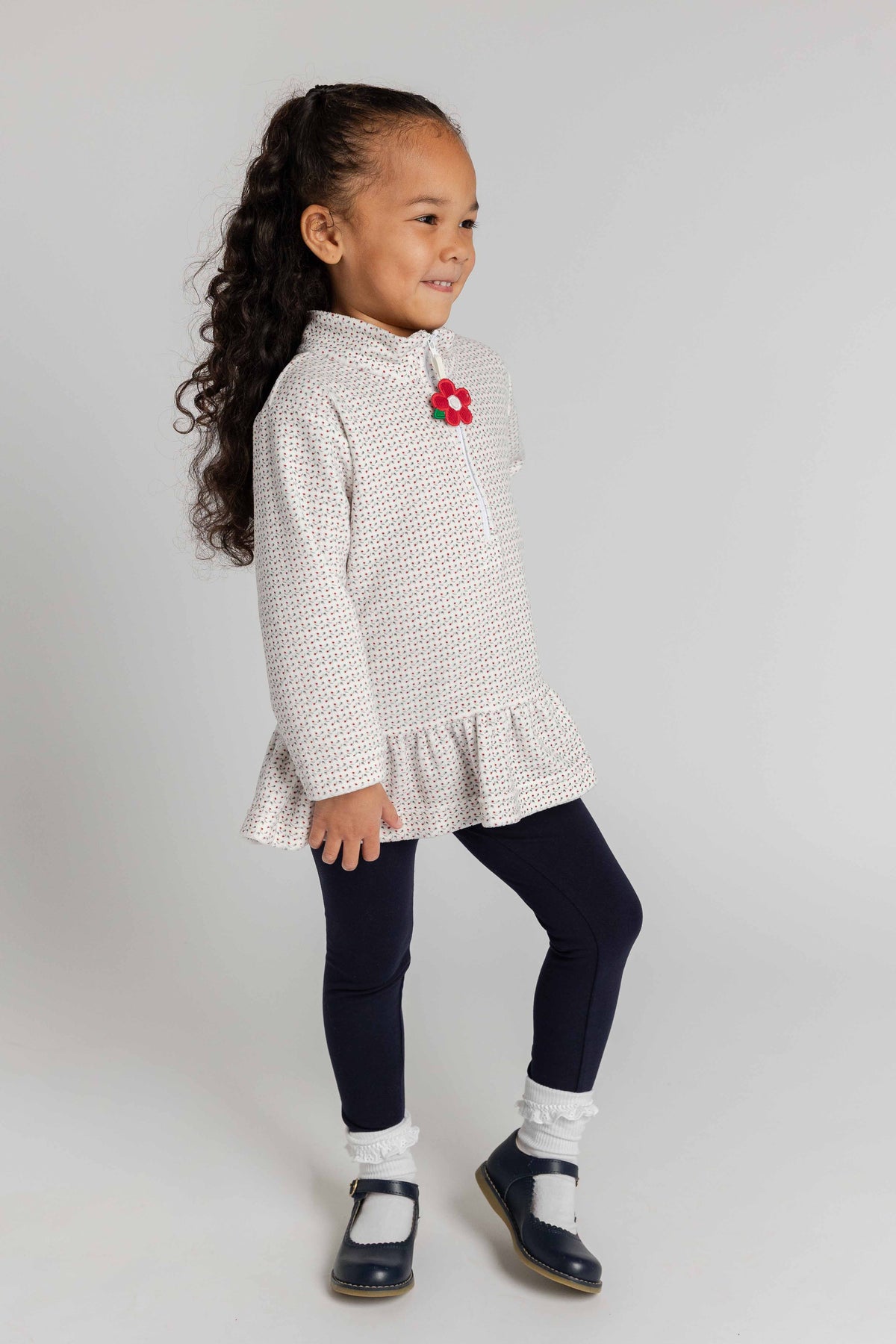 Printed Velour Half Zip Top with Flower Pull