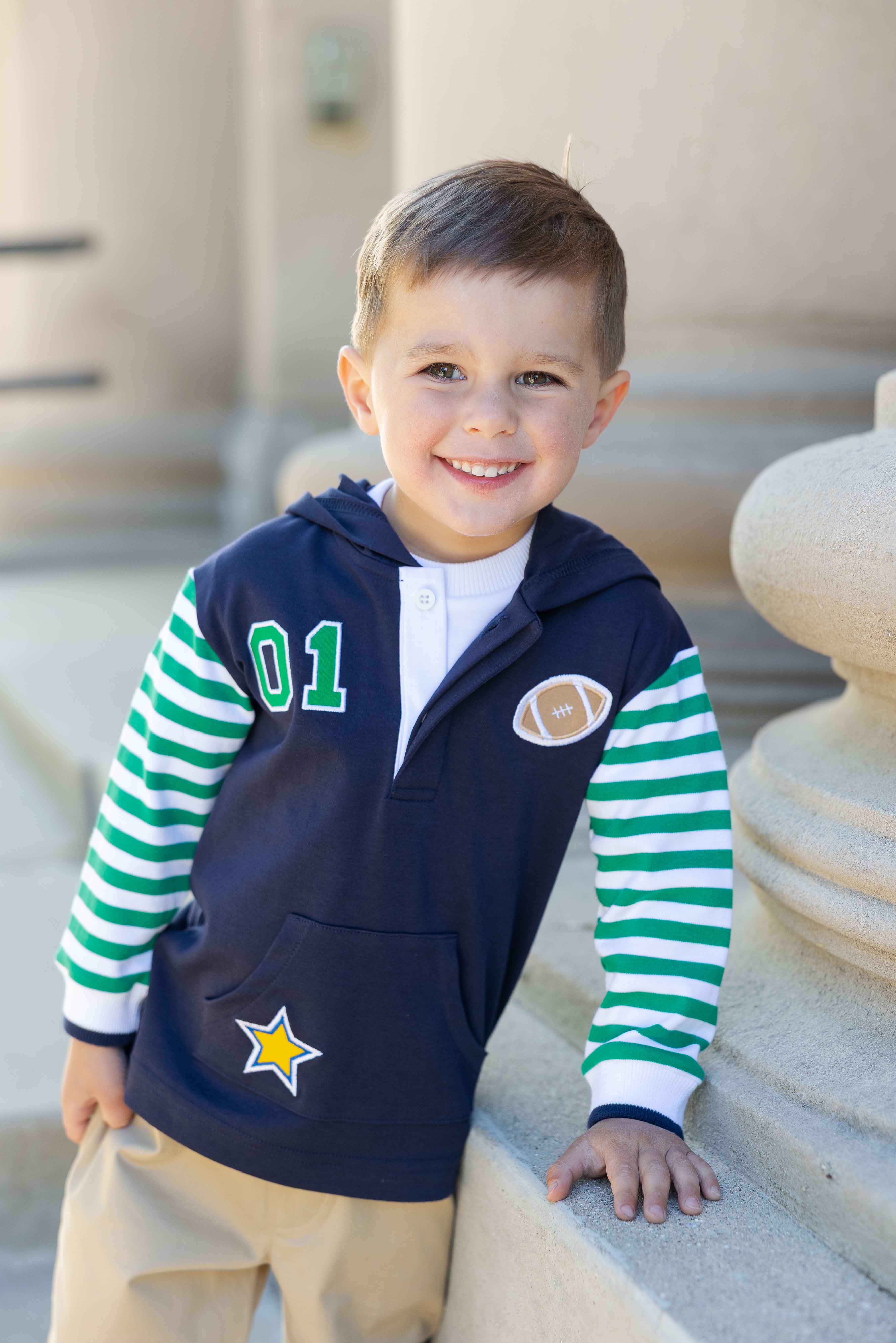 Hooded Knit Shirt with Varsity Football Motifs