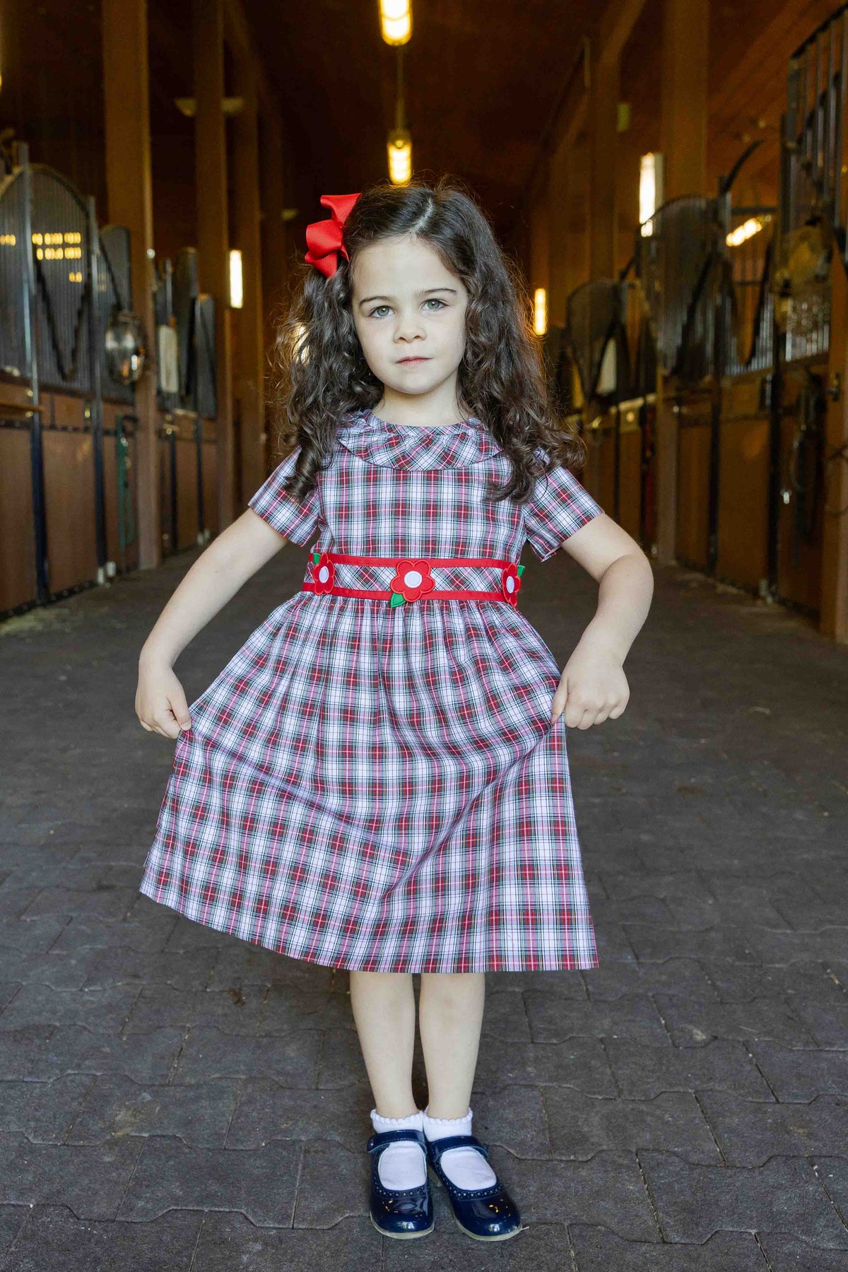 Plaid Dress with Neck Ruffle