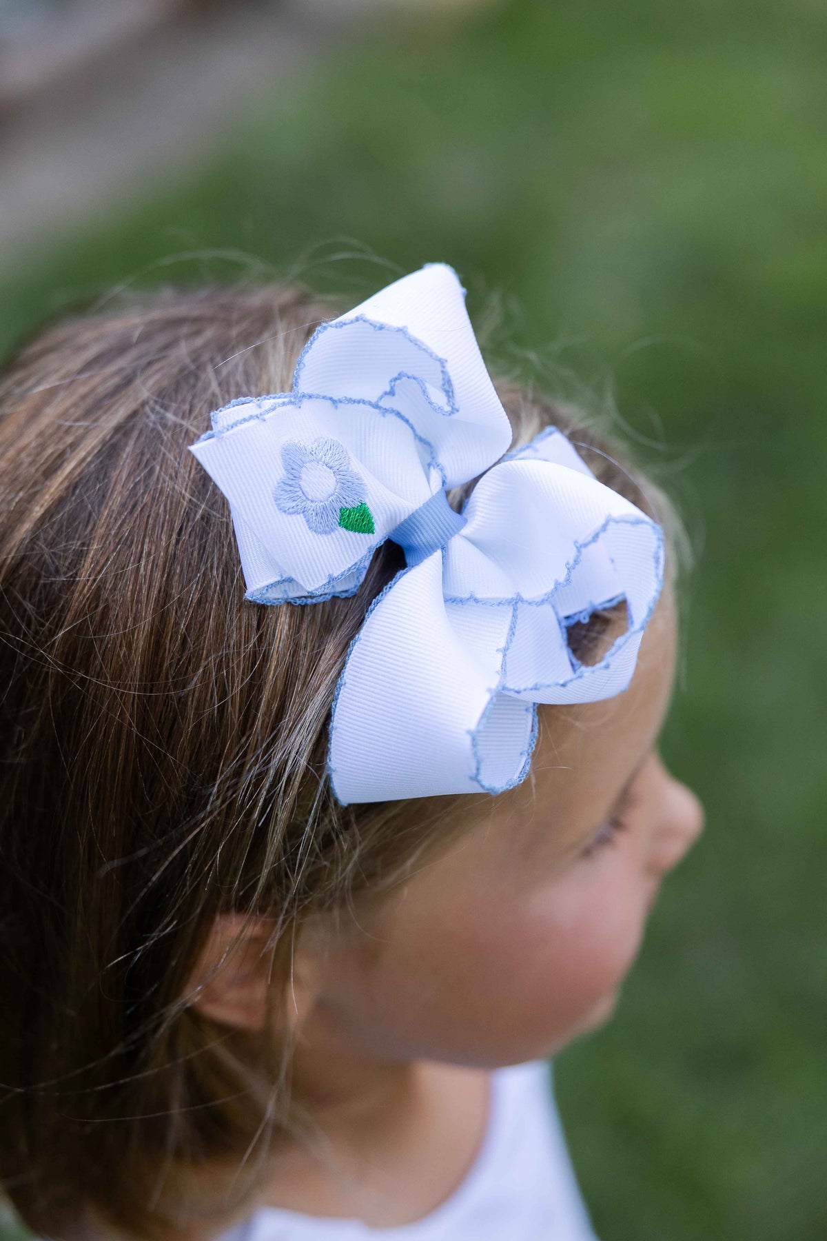 Millennium Blue Hair Bow with Flower Embroidery